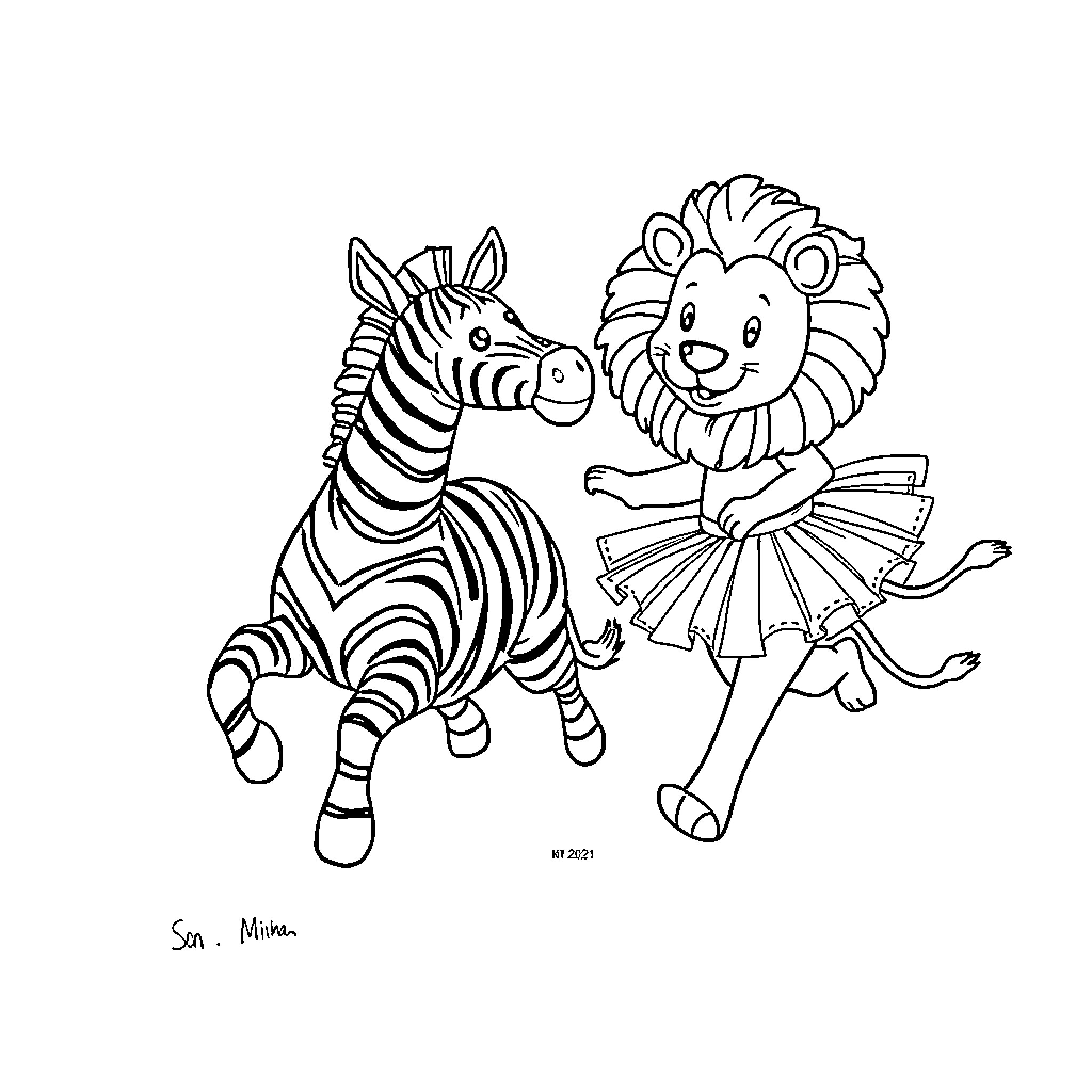 Zebra and Lion playing together Coloring Page (free black-and-white line drawing printable PDF for all, from beginners to advanced learners, including children, teens, adults, and seniors)