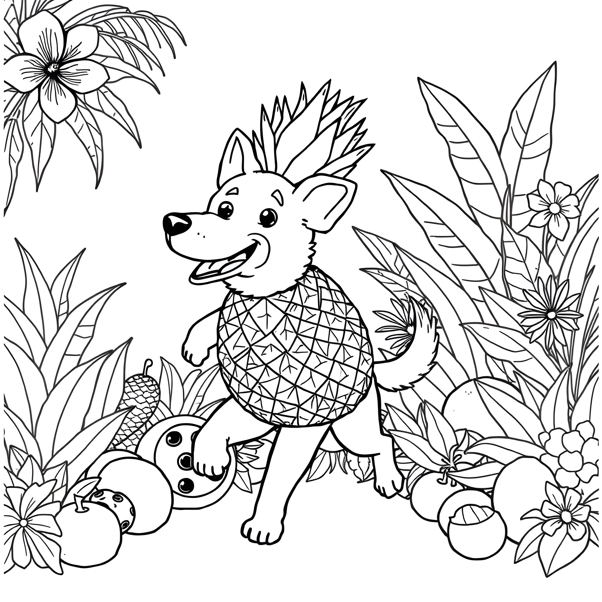 Dog playing happily with fruits in the jungle Coloring Page (free black-and-white line drawing printable PDF for all, from beginners to advanced learners, including children, teens, adults, and seniors)