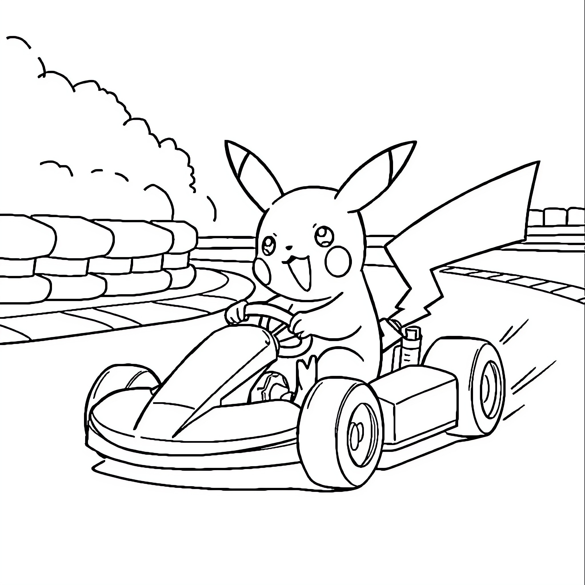 Pikachu racing in a go-kart on a race track Coloring Page (free black-and-white line drawing printable PDF for all, from beginners to advanced learners, including children, teens, adults, and seniors)