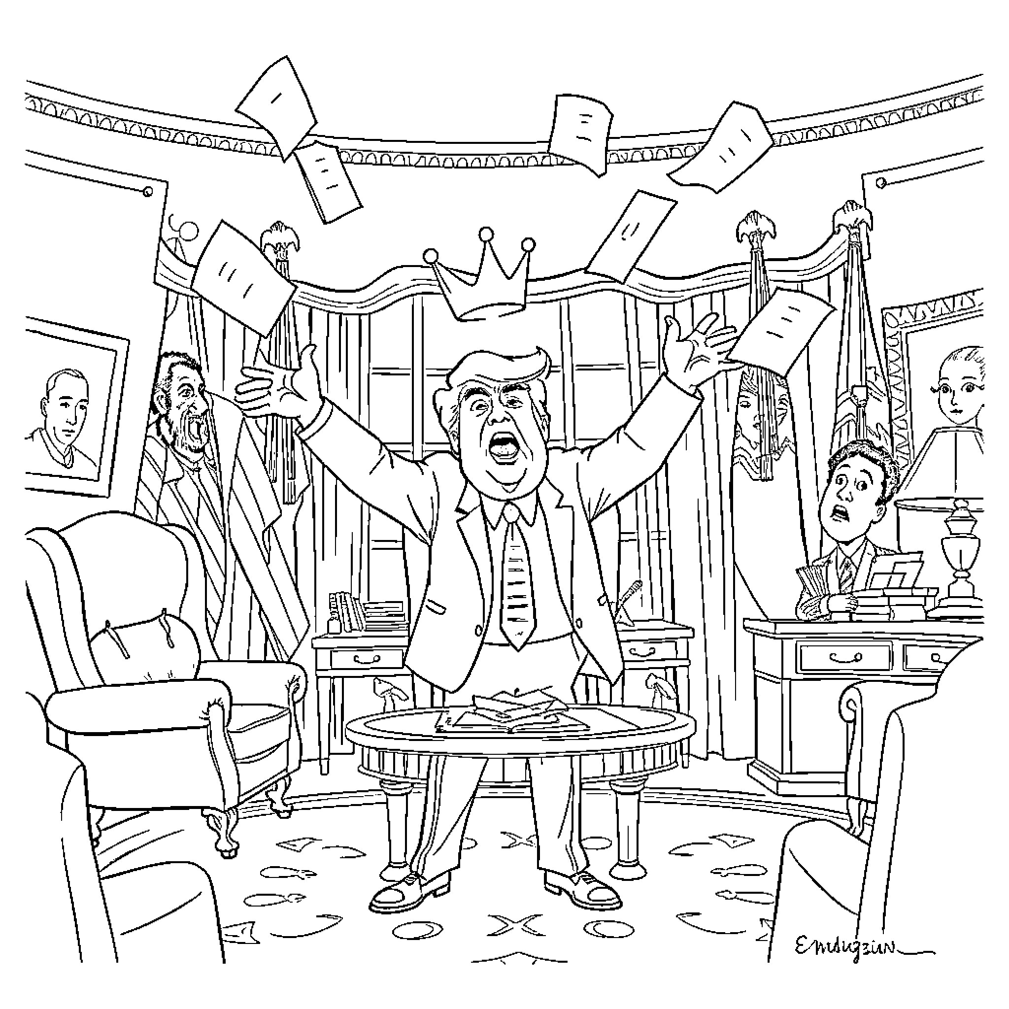 POTUS throws papers in Oval Office outrage Coloring Page (free black-and-white line drawing printable PDF for all, from beginners to advanced learners, including children, teens, adults, and seniors)