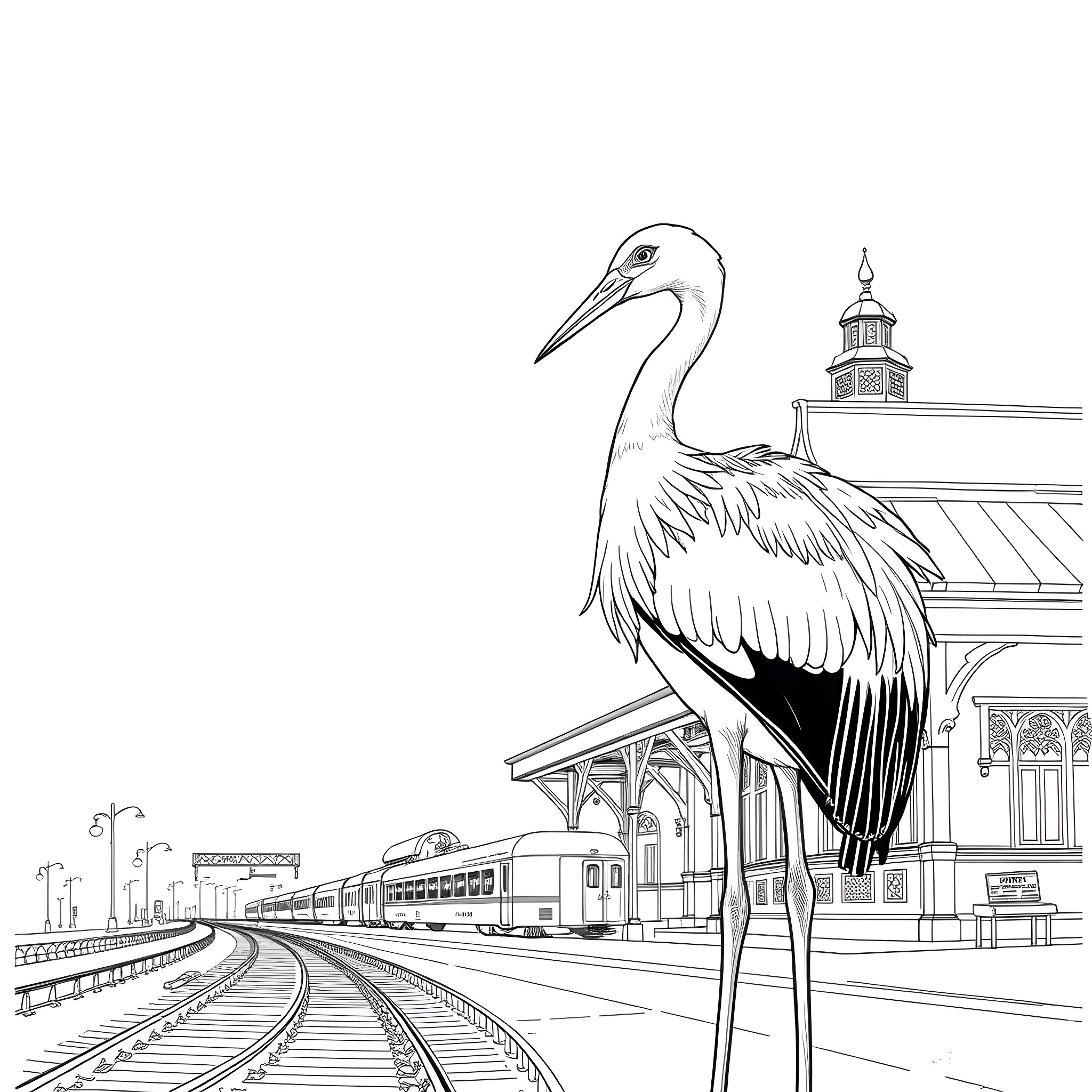 Crane standing tall amidst a railway station Coloring Page (free black-and-white line drawing printable PDF for all, from beginners to advanced learners, including children, teens, adults, and seniors)