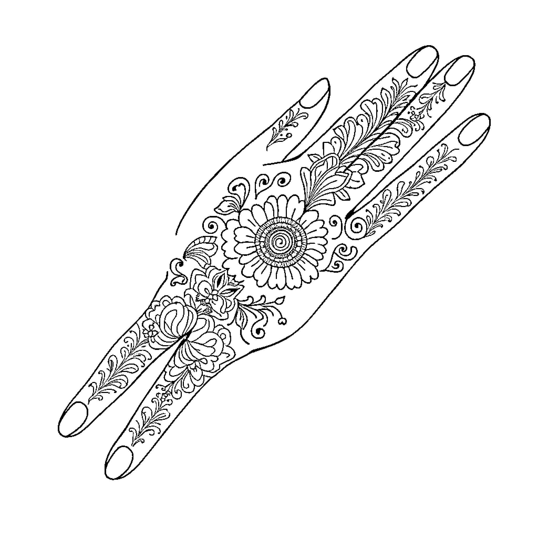 Henna Decorated Hand with Intricate Designs Coloring Page (free black-and-white line drawing printable PDF for all, from beginners to advanced learners, including children, teens, adults, and seniors)