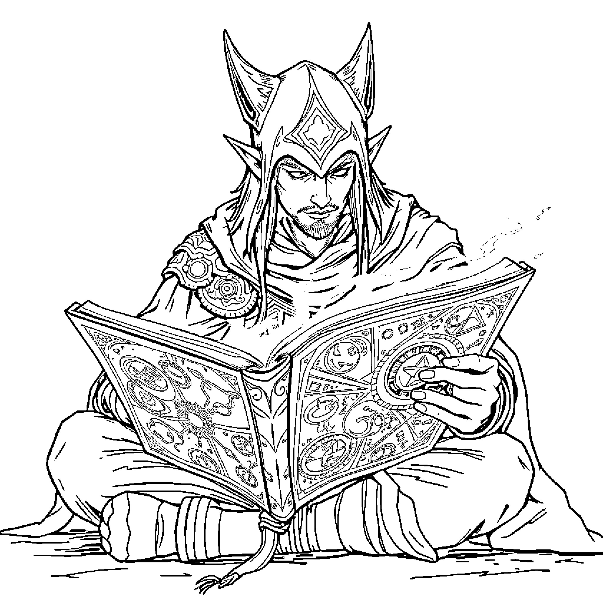 Elias the Wise Enchanter Reading a Mystical Tome Coloring Page (free black-and-white line drawing printable PDF for all, from beginners to advanced learners, including children, teens, adults, and seniors)
