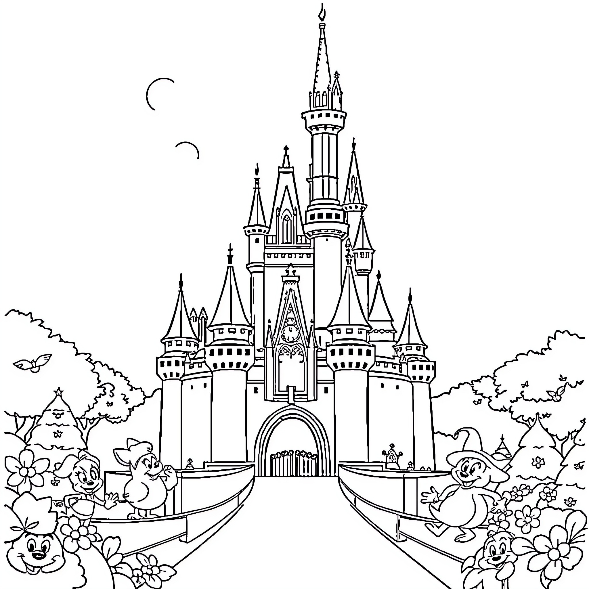 Disney characters exploring a whimsical castle in the night Coloring Page (free black-and-white line drawing printable PDF for all, from beginners to advanced learners, including children, teens, adults, and seniors)