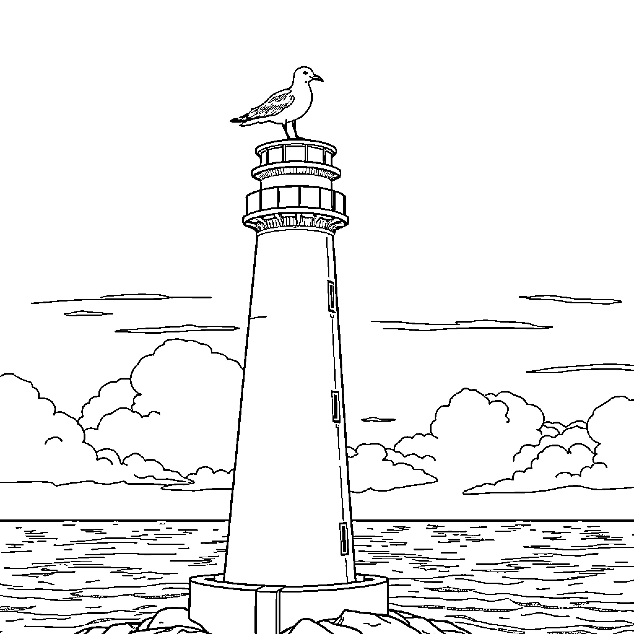Seagull perched atop a lighthouse by the sea Coloring Page (free black-and-white line drawing printable PDF for all, from beginners to advanced learners, including children, teens, adults, and seniors)