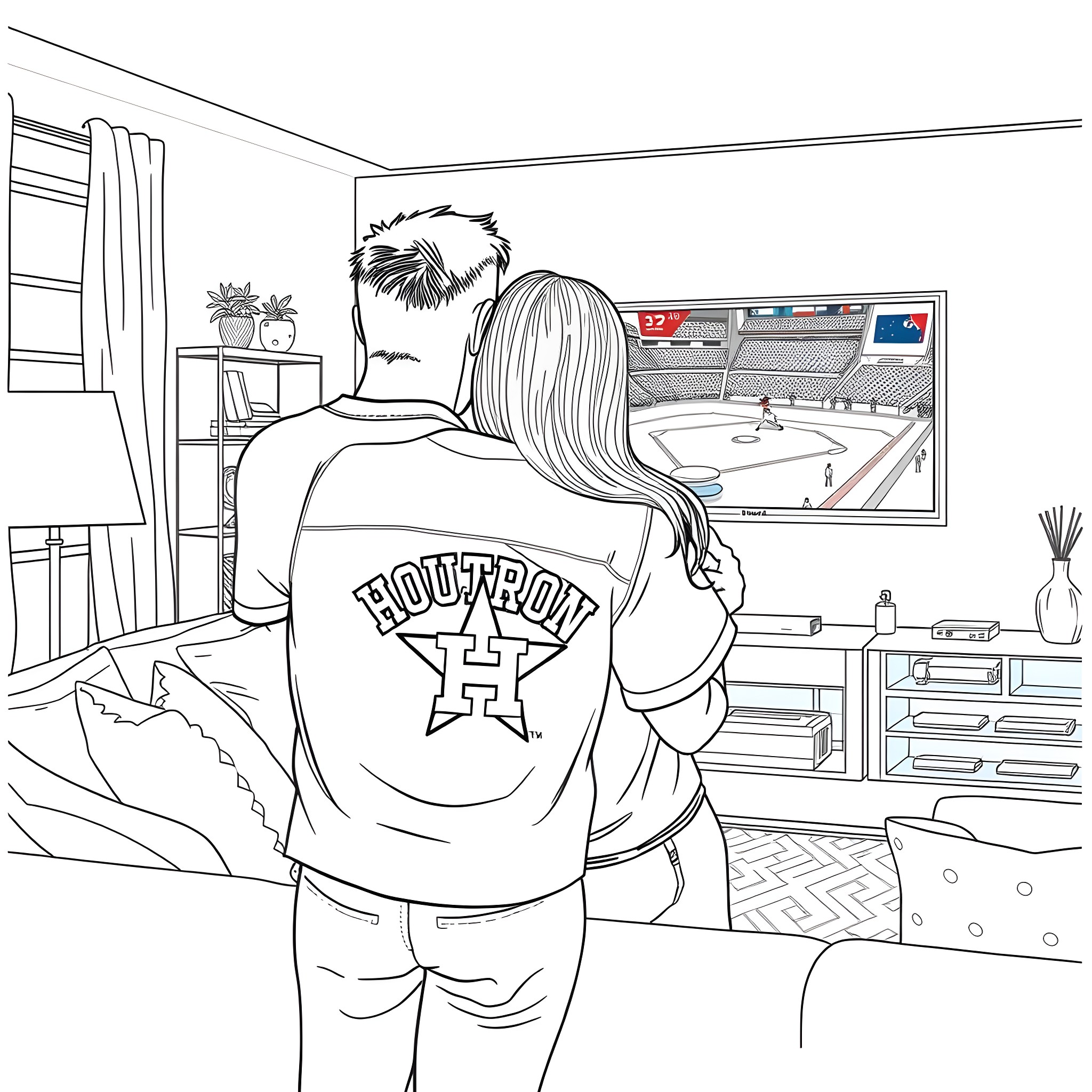 Couple enjoying a cozy evening at home Coloring Page (free black-and-white line drawing printable PDF for all, from beginners to advanced learners, including children, teens, adults, and seniors)