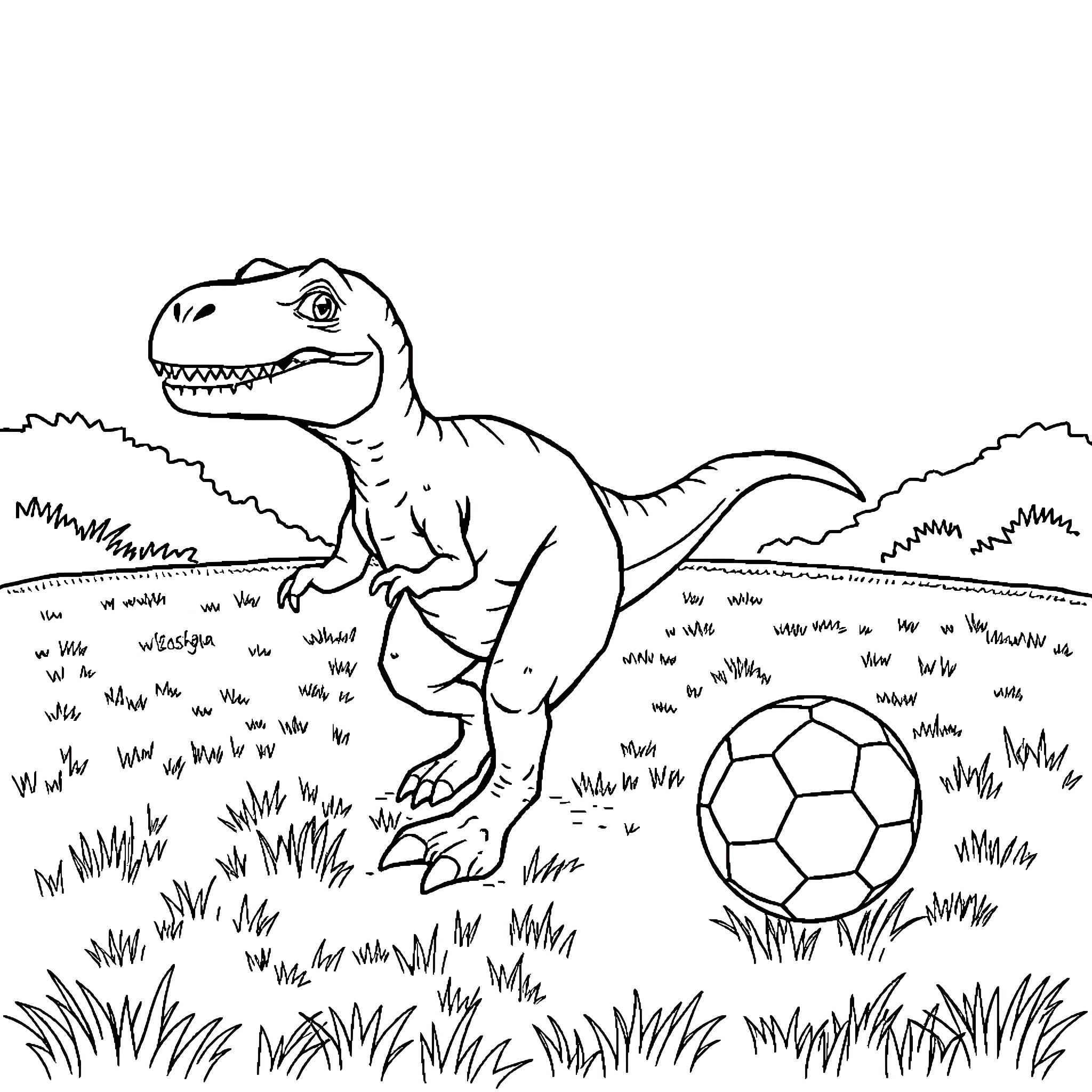 Velociraptor playing with a soccer ball in the wild Coloring Page (free black-and-white line drawing printable PDF for all, from beginners to advanced learners, including children, teens, adults, and seniors)