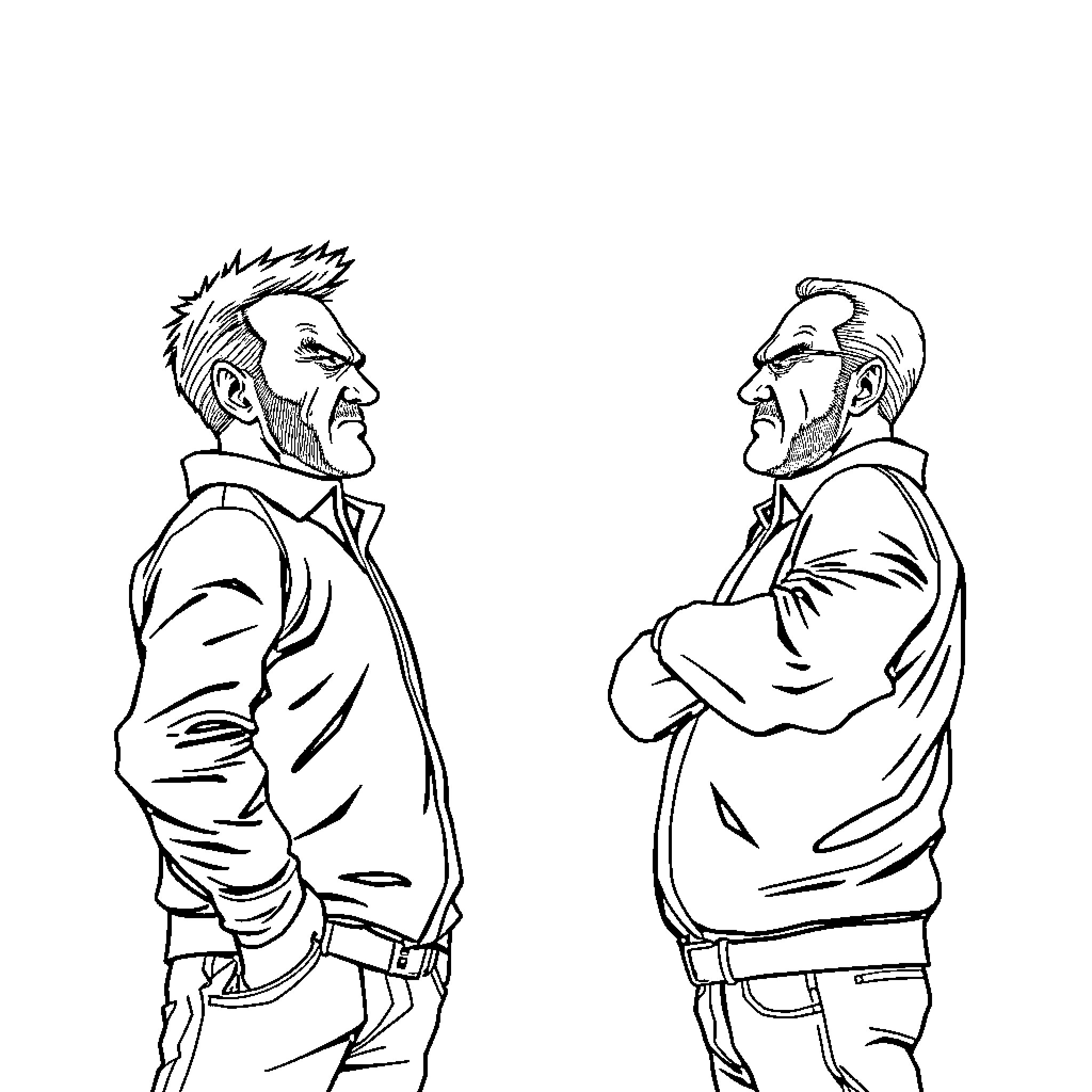 Men engaged in heated discussion with stern expressions Coloring Page (free black-and-white line drawing printable PDF for all, from beginners to advanced learners, including children, teens, adults, and seniors)