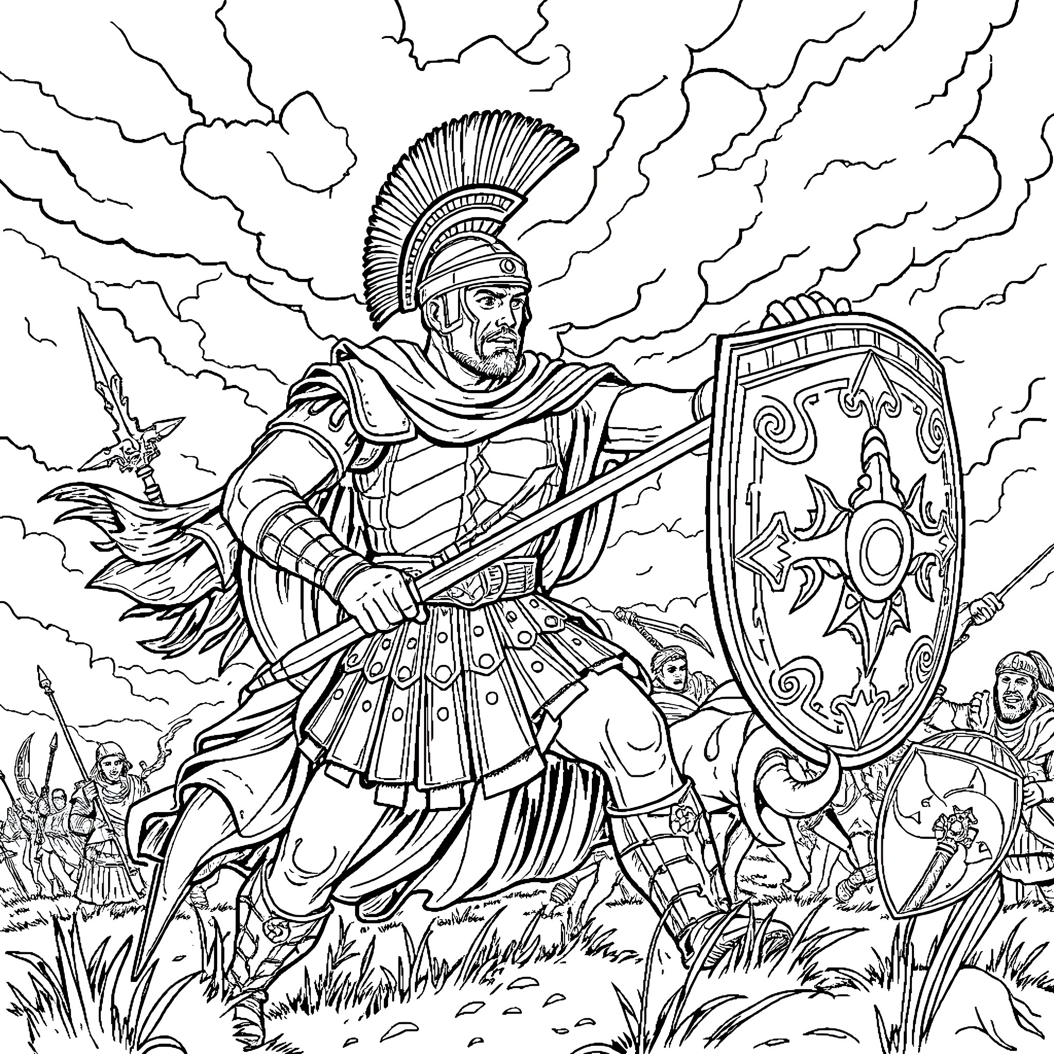 Soldier Leading Troops on the Battlefield Coloring Page (free black-and-white line drawing printable PDF for all, from beginners to advanced learners, including children, teens, adults, and seniors)
