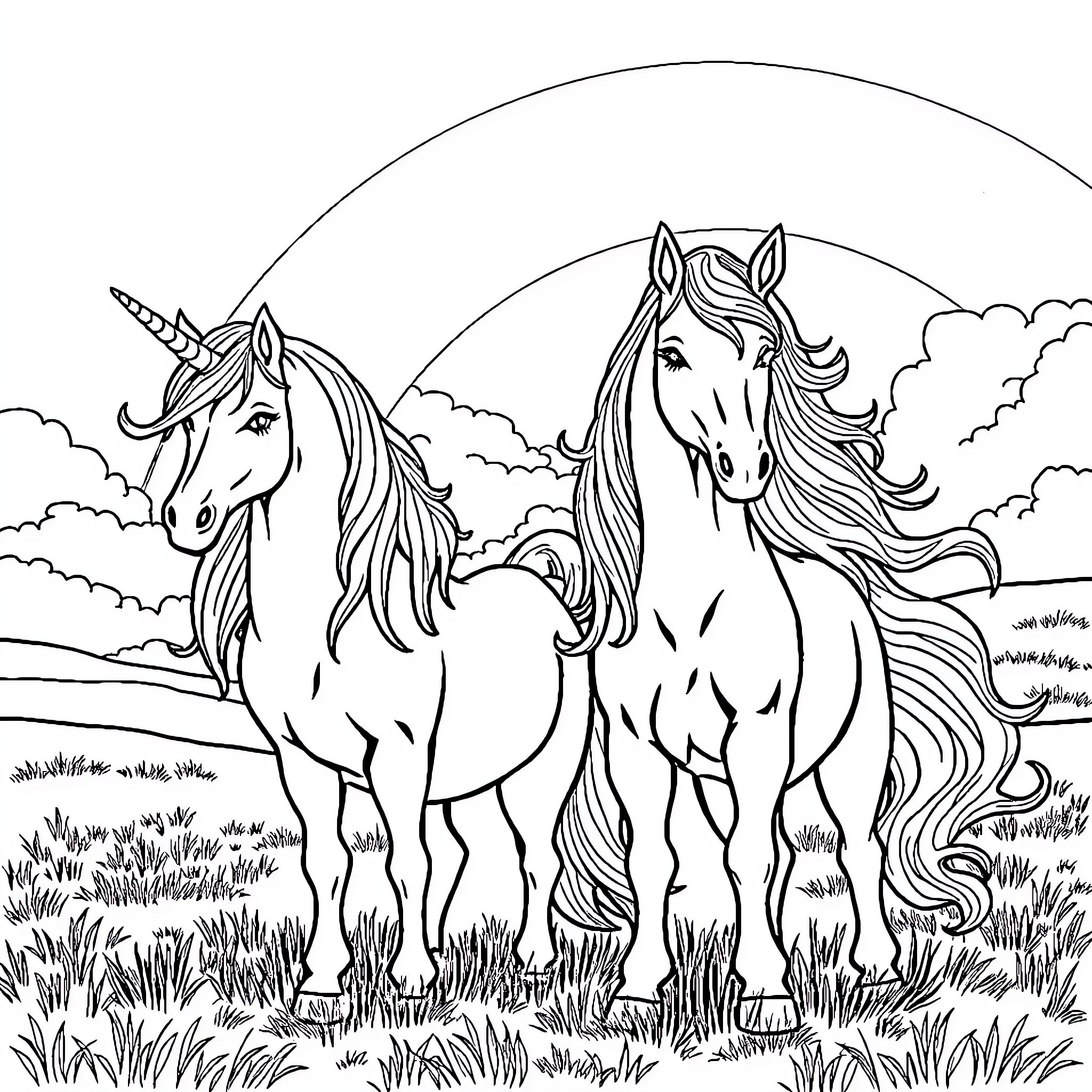 Unicorn pair exploring the magical landscape Coloring Page (free black-and-white line drawing printable PDF for all, from beginners to advanced learners, including children, teens, adults, and seniors)