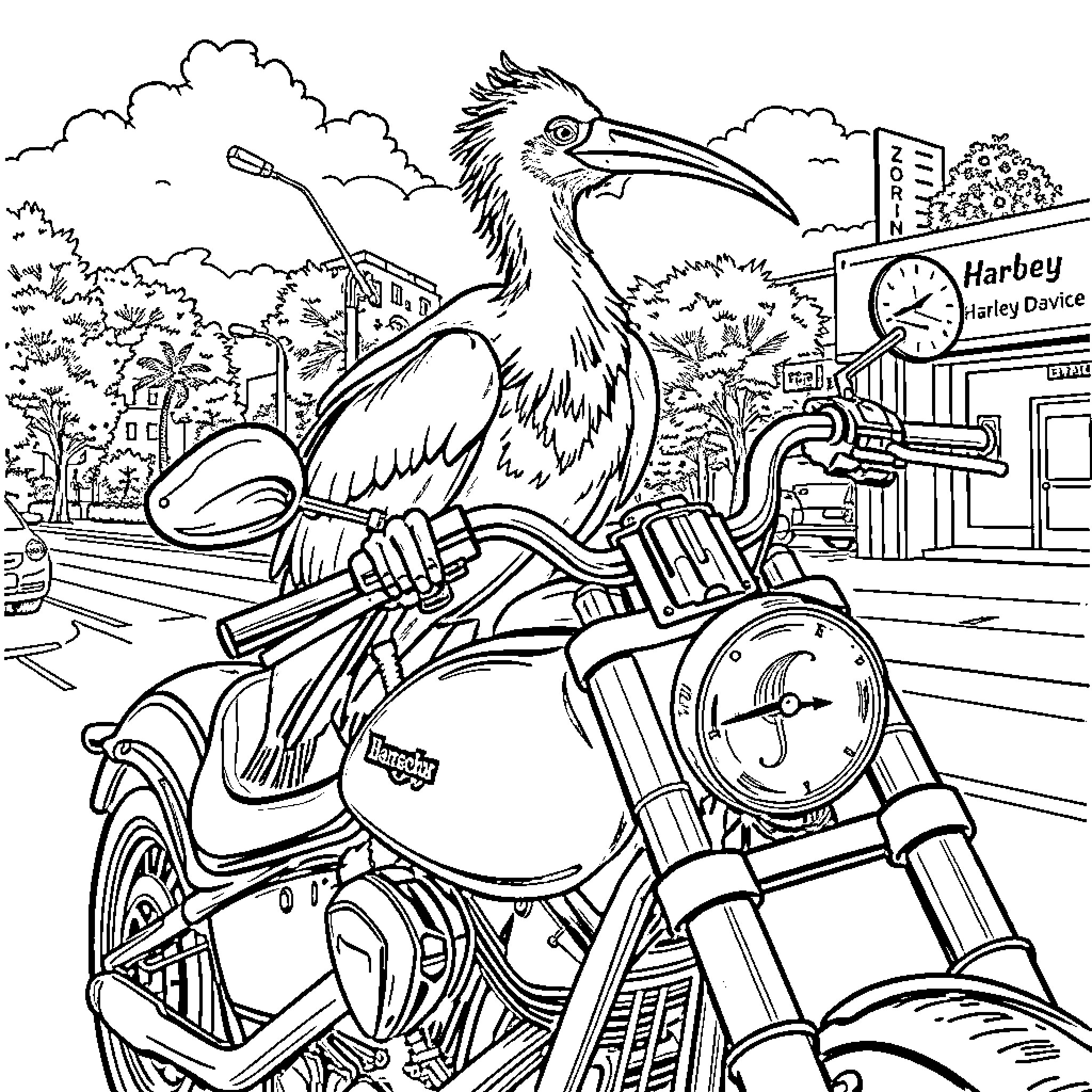 Ibis riding a motorcycle in the city Coloring Page (free black-and-white line drawing printable PDF for all, from beginners to advanced learners, including children, teens, adults, and seniors)
