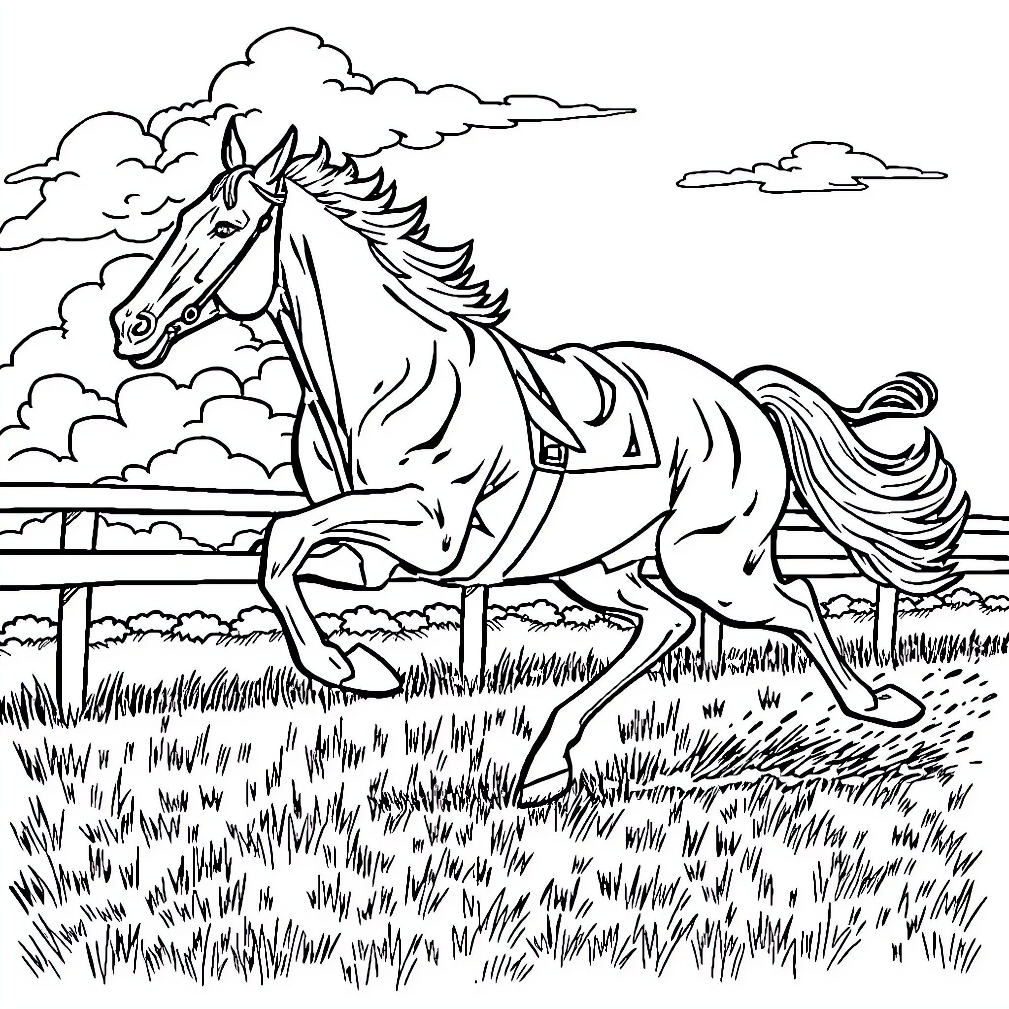 Racehorse galloping on the open field Coloring Page (free black-and-white line drawing printable PDF for all, from beginners to advanced learners, including children, teens, adults, and seniors)