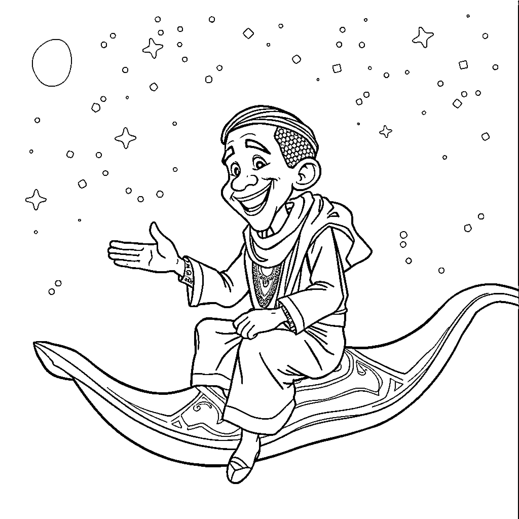 Obama Riding a Magic Carpet Amidst the Stars Coloring Page (free black-and-white line drawing printable PDF for all, from beginners to advanced learners, including children, teens, adults, and seniors)