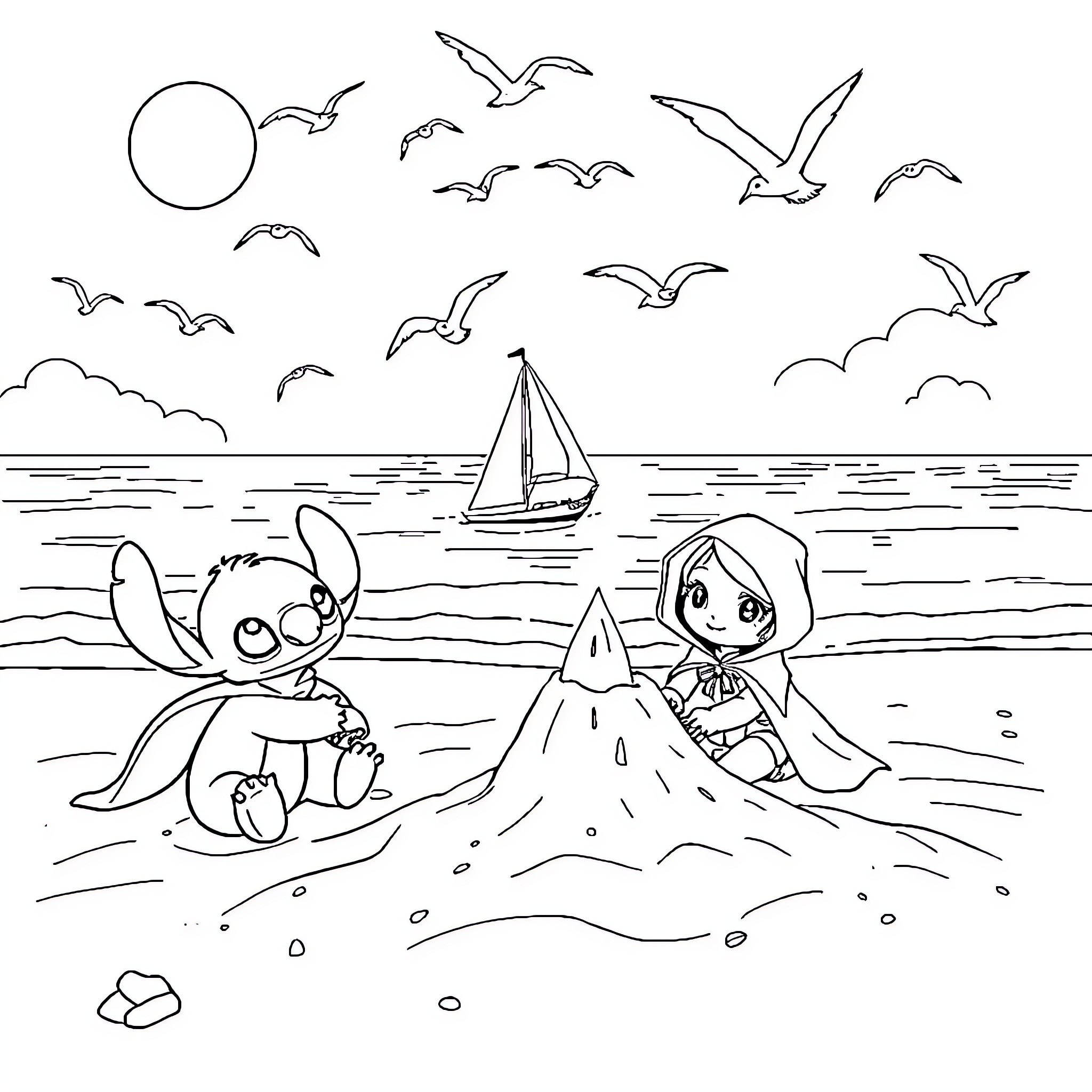 Caperucita Roja playing on the beach with Stitch Coloring Page (free black-and-white line drawing printable PDF for all, from beginners to advanced learners, including children, teens, adults, and seniors)