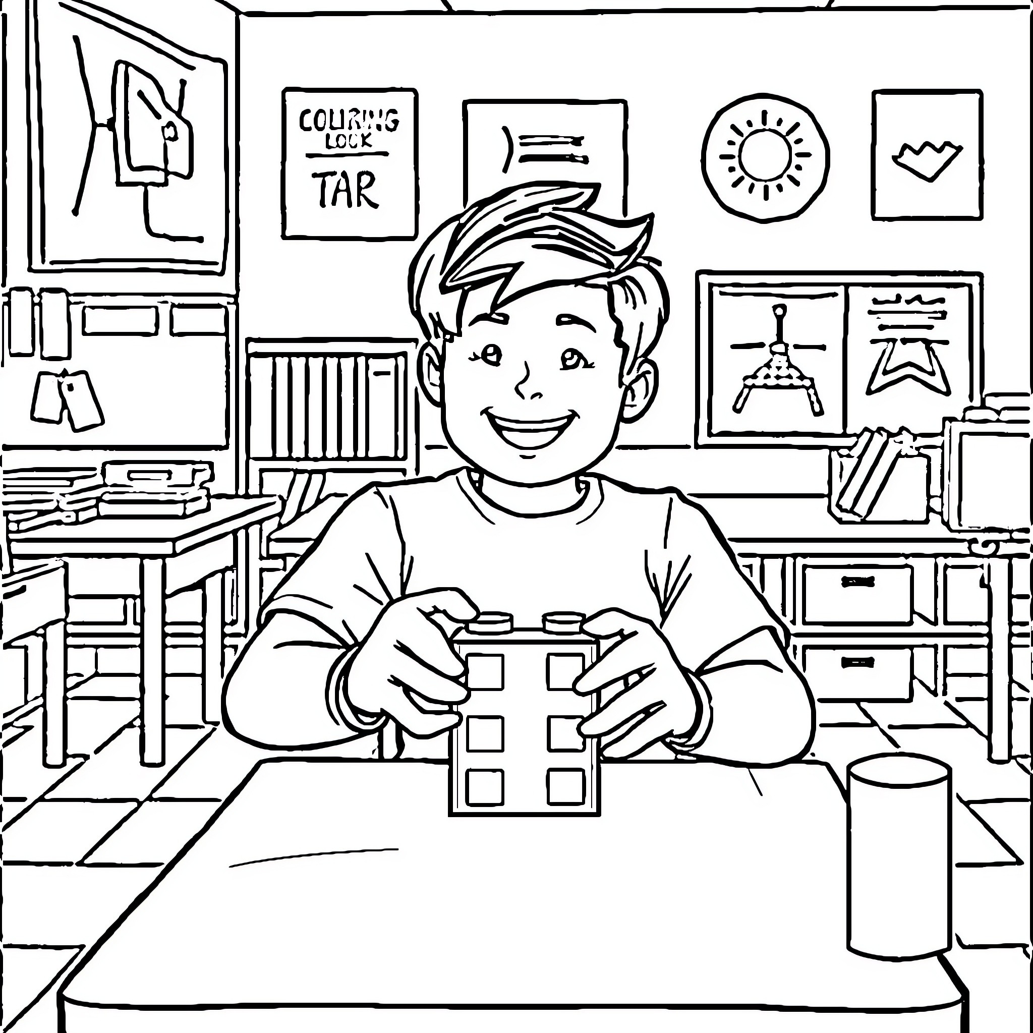 Boy Playing Happily with Building Blocks in Classroom Coloring Page (free black-and-white line drawing printable PDF for all, from beginners to advanced learners, including children, teens, adults, and seniors)