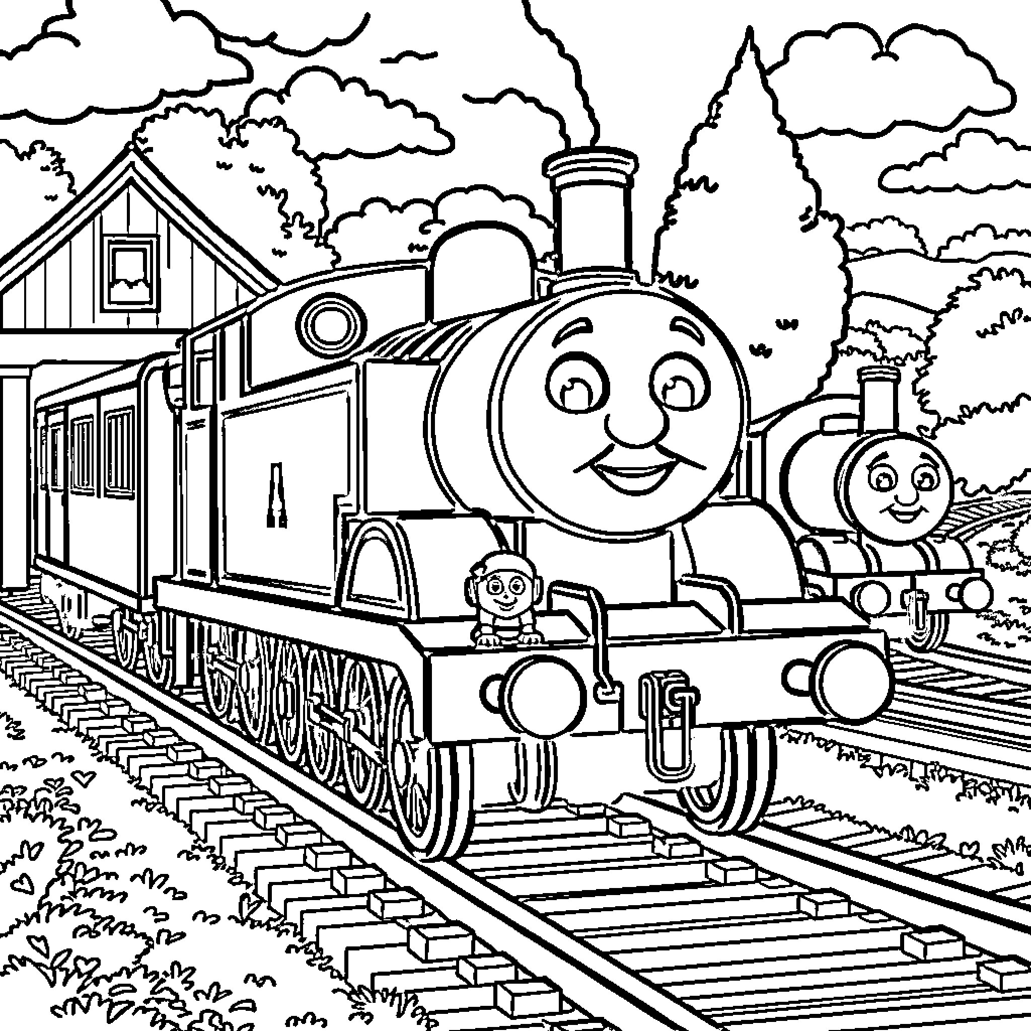Thomas and Friends on a Railway Adventure Coloring Page (free black-and-white line drawing printable PDF for all, from beginners to advanced learners, including children, teens, adults, and seniors)