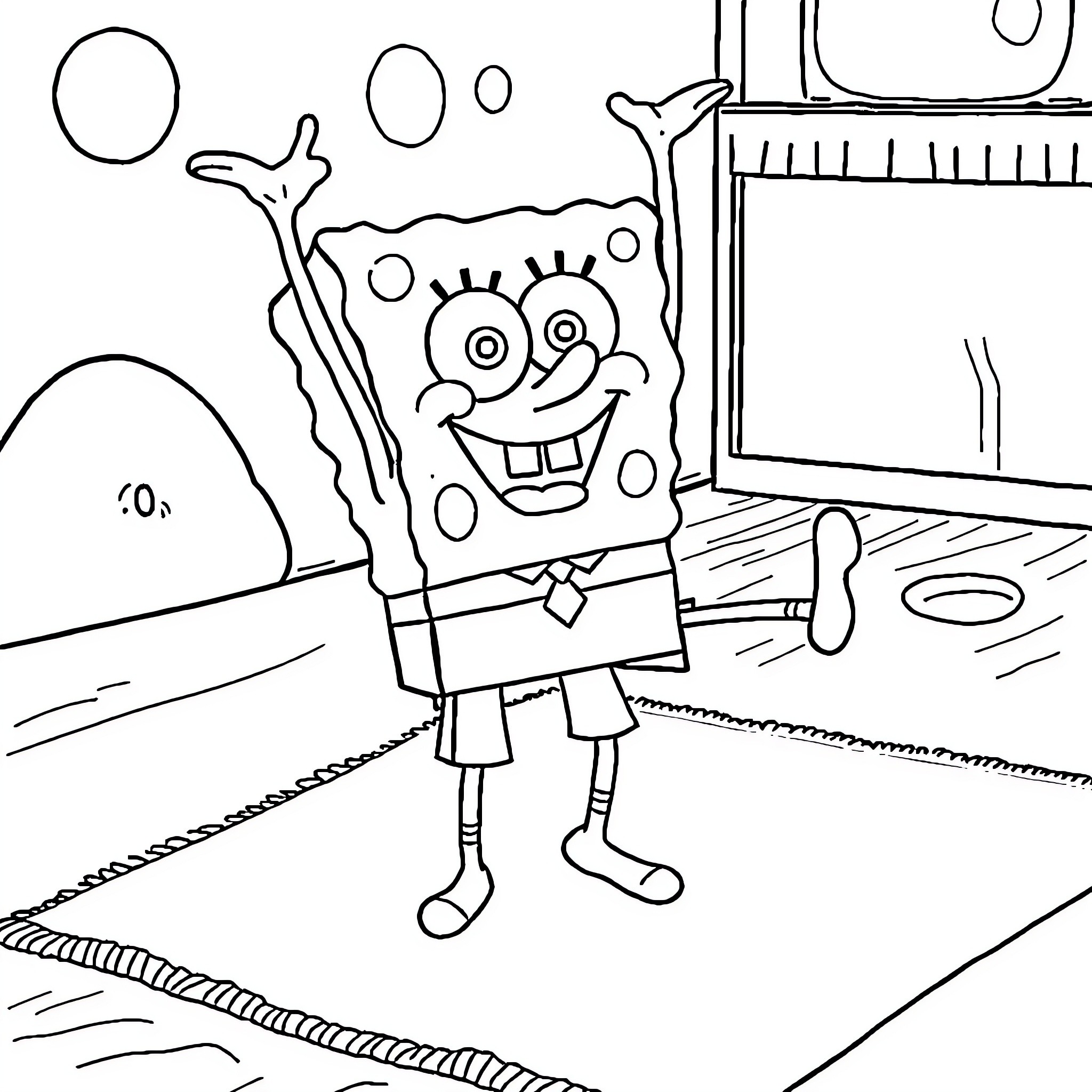 Spongebob having a joyful adventure in his underwater home Coloring Page (free black-and-white line drawing printable PDF for all, from beginners to advanced learners, including children, teens, adults, and seniors)