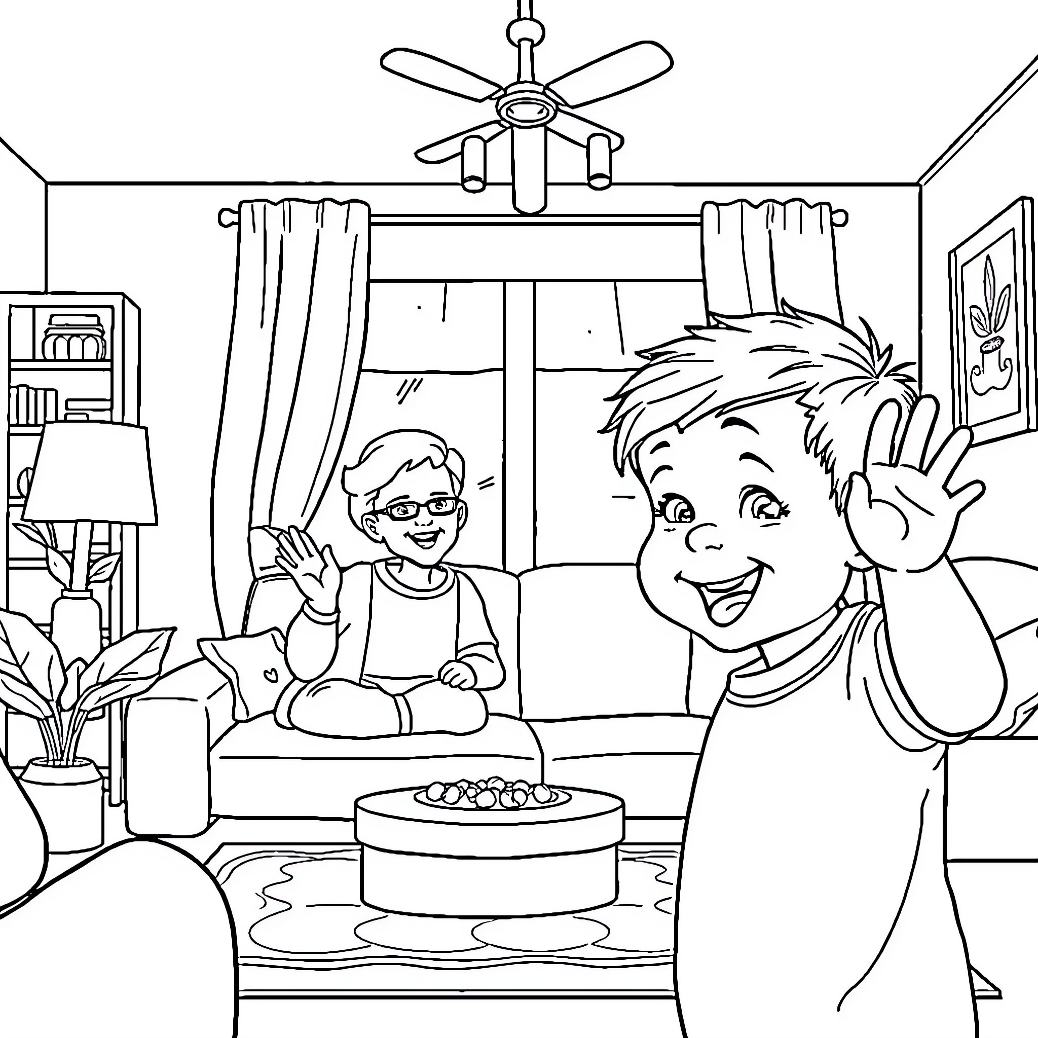 Boy happily celebrating his birthday with cake Coloring Page (free black-and-white line drawing printable PDF for all, from beginners to advanced learners, including children, teens, adults, and seniors)