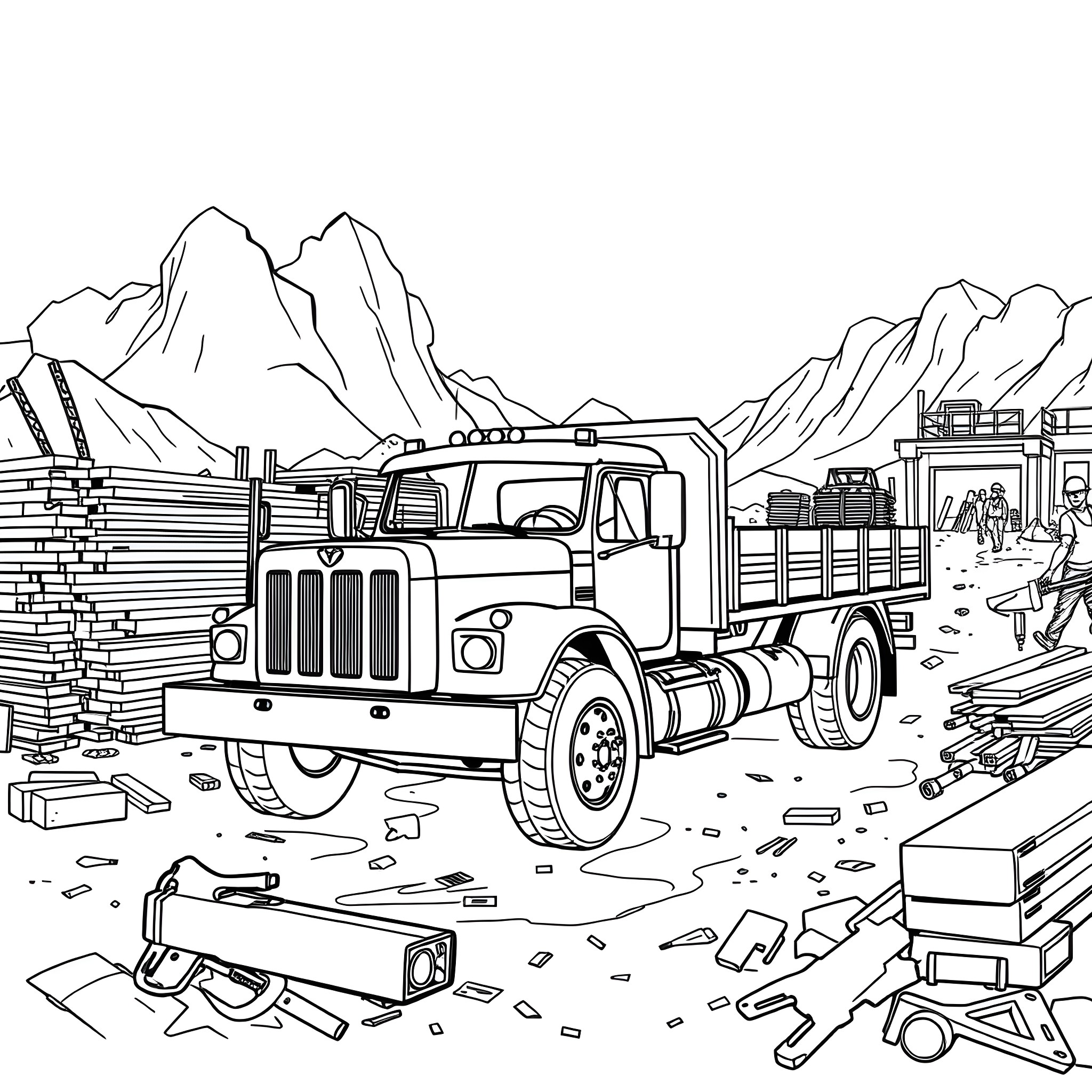 Flat Bed Truck Transporting Cargo in Rugged Terrain Coloring Page (free black-and-white line drawing printable PDF for all, from beginners to advanced learners, including children, teens, adults, and seniors)