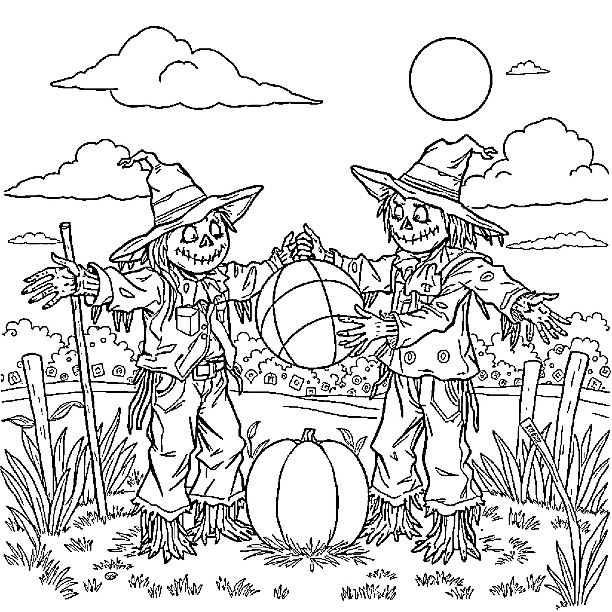 Scarecrows playing in a pumpkin patch under a full moon Coloring Page (free black-and-white line drawing printable PDF for all, from beginners to advanced learners, including children, teens, adults, and seniors)