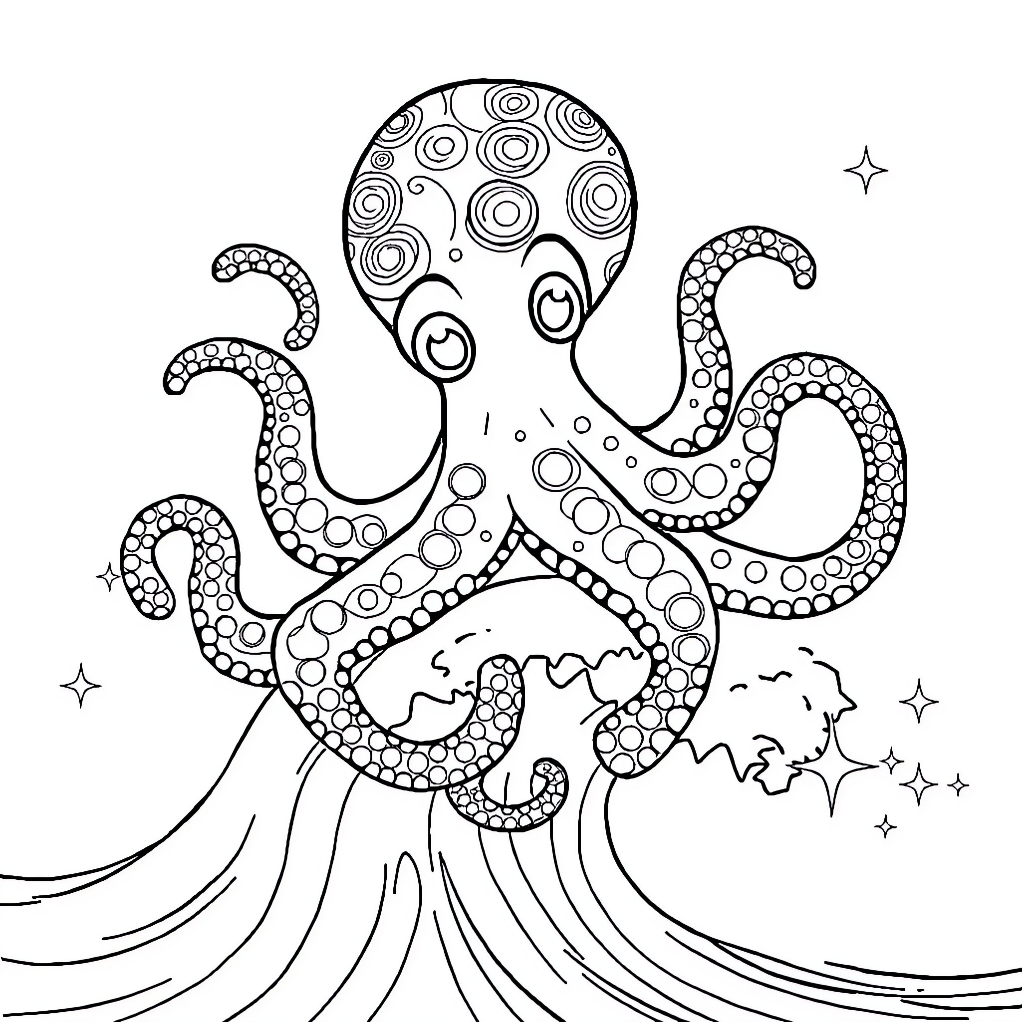 Wonderware Octopus Creature in the Deep Sea Coloring Page (free black-and-white line drawing printable PDF for all, from beginners to advanced learners, including children, teens, adults, and seniors)