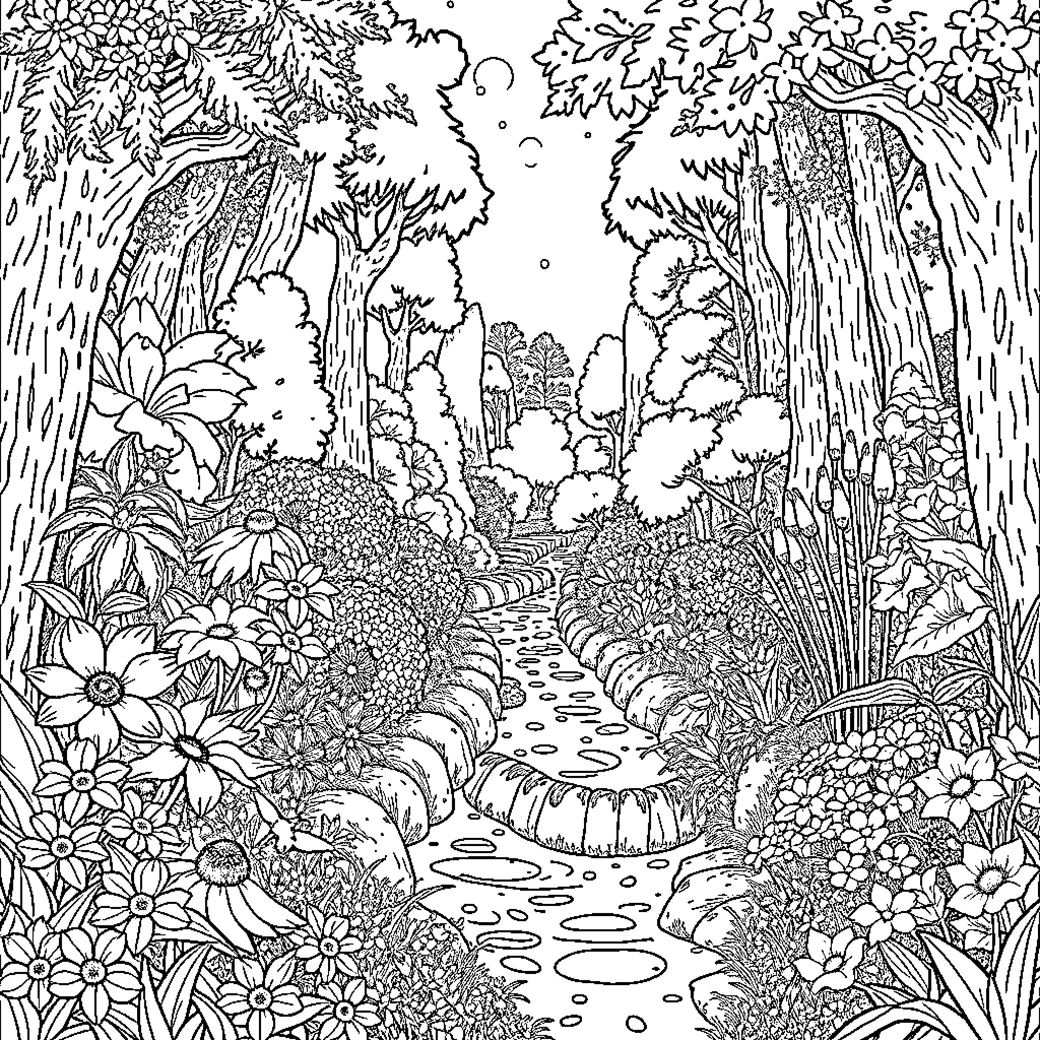 Garden Path Through Lush Floral Landscape Coloring Page (free black-and-white line drawing printable PDF for all, from beginners to advanced learners, including children, teens, adults, and seniors)
