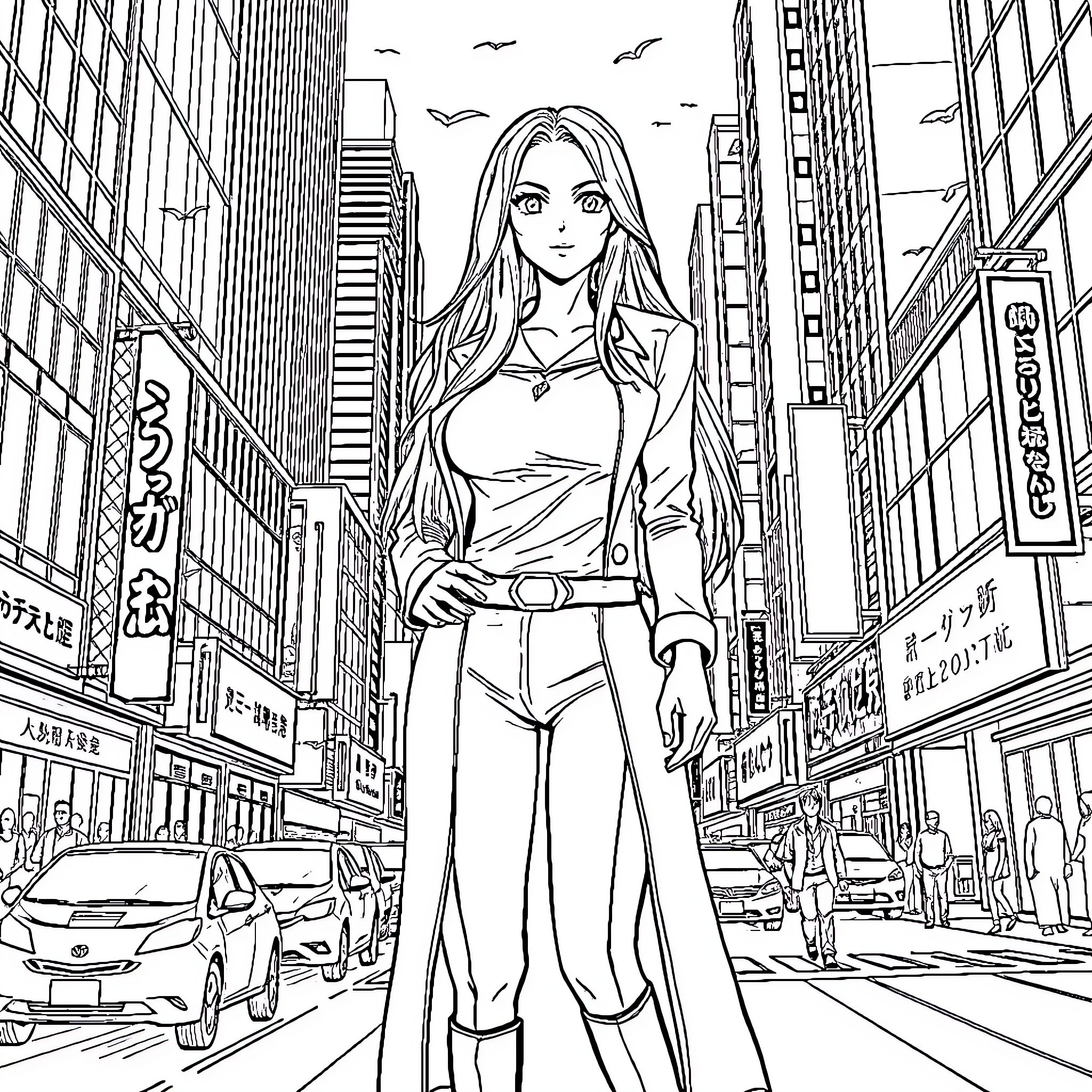 Tsunade's Confident Stride Through the Bustling City Coloring Page (free black-and-white line drawing printable PDF for all, from beginners to advanced learners, including children, teens, adults, and seniors)