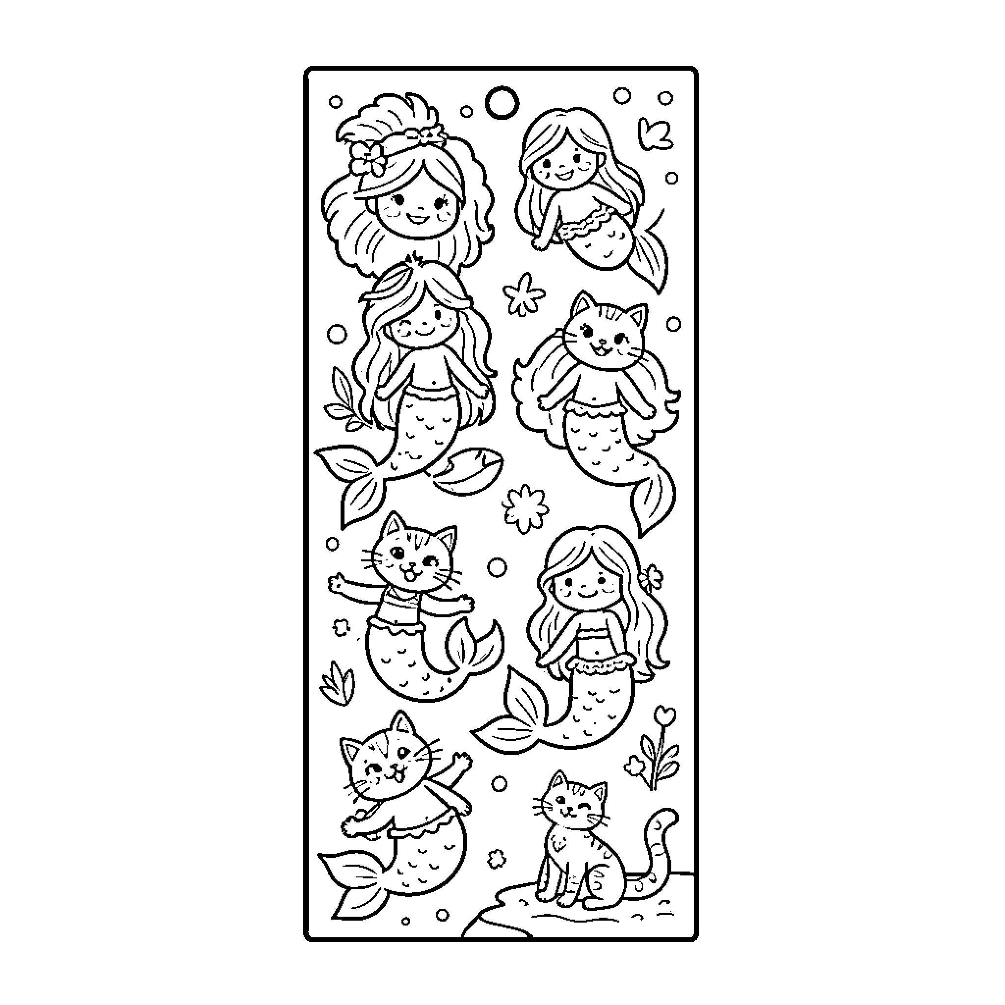 Mermaid Friends and Kitty Cats in the Sea Coloring Page (free black-and-white line drawing printable PDF for all, from beginners to advanced learners, including children, teens, adults, and seniors)