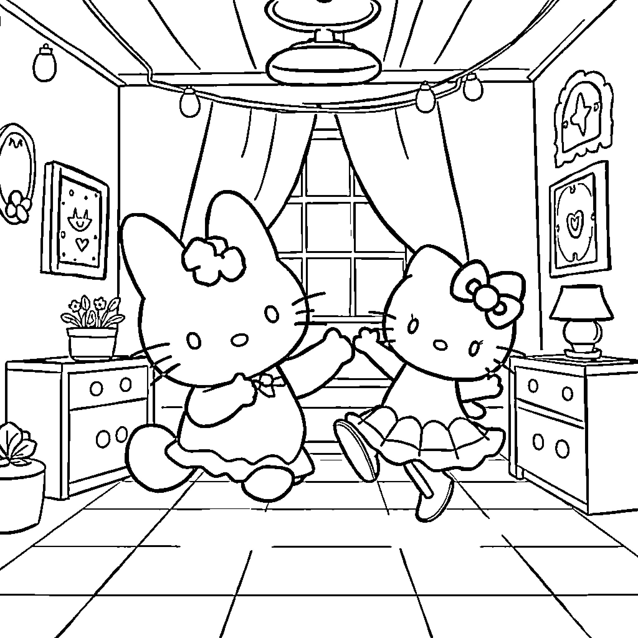 Cinnamoroll characters playing together in a cozy room Coloring Page (free black-and-white line drawing printable PDF for all, from beginners to advanced learners, including children, teens, adults, and seniors)