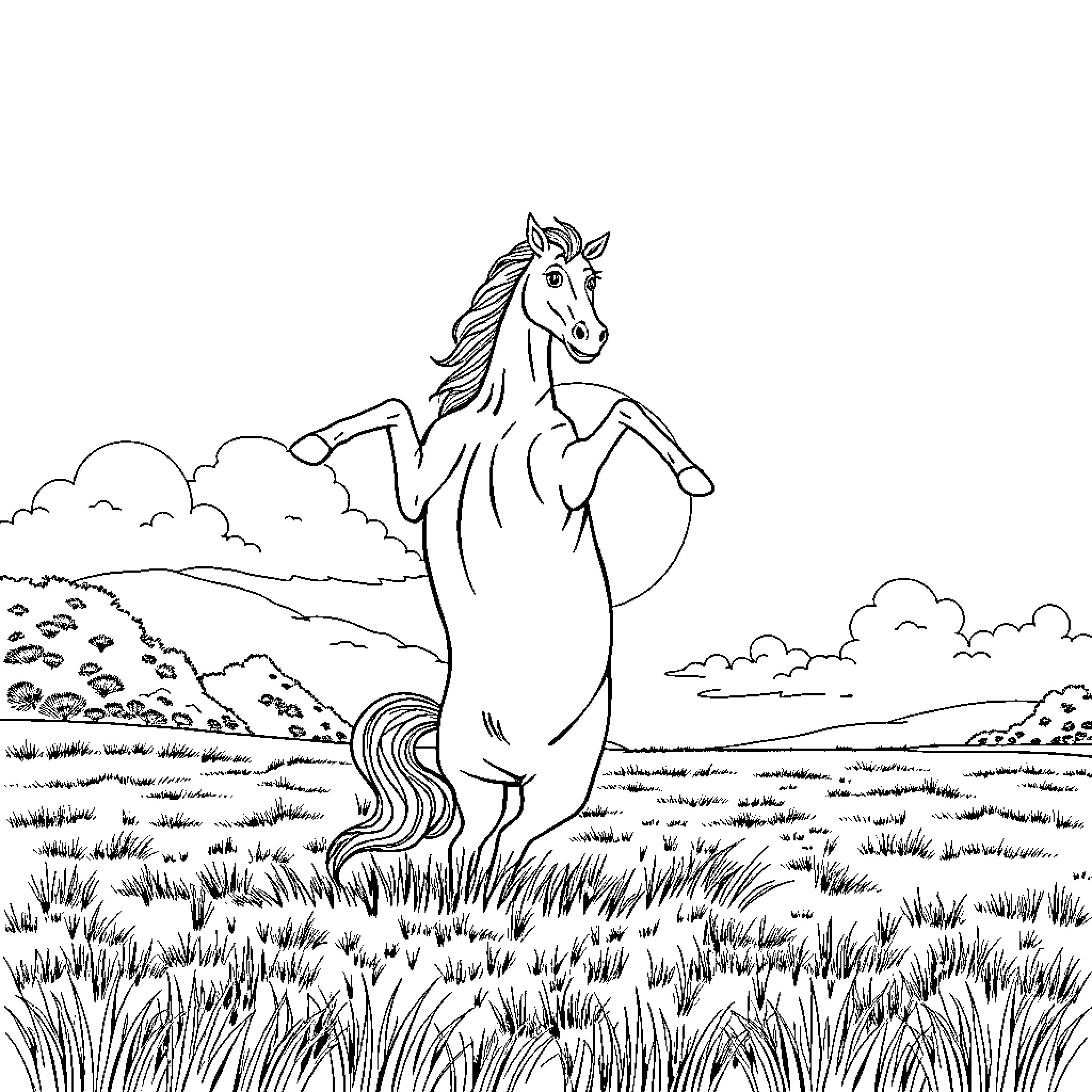Horse standing proudly in a grassy field Coloring Page (free black-and-white line drawing printable PDF for all, from beginners to advanced learners, including children, teens, adults, and seniors)