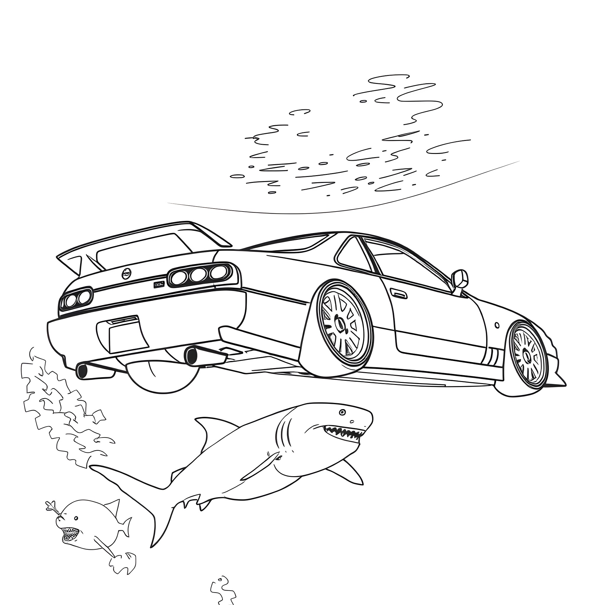 Nissan Silvia racing through underwater scene Coloring Page (free black-and-white line drawing printable PDF for all, from beginners to advanced learners, including children, teens, adults, and seniors)
