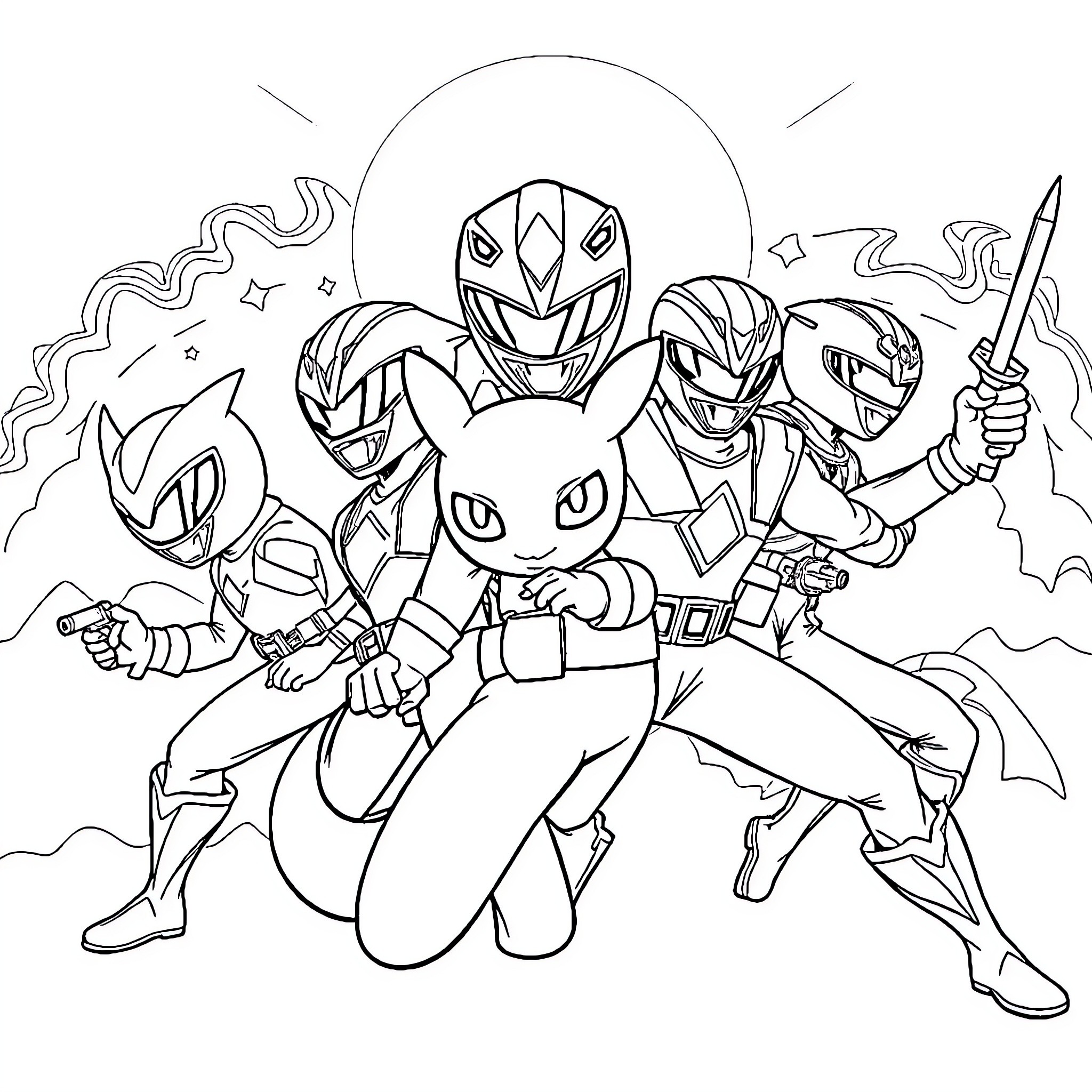 Pokémon heroes in action-packed adventure Coloring Page (free black-and-white line drawing printable PDF for all, from beginners to advanced learners, including children, teens, adults, and seniors)