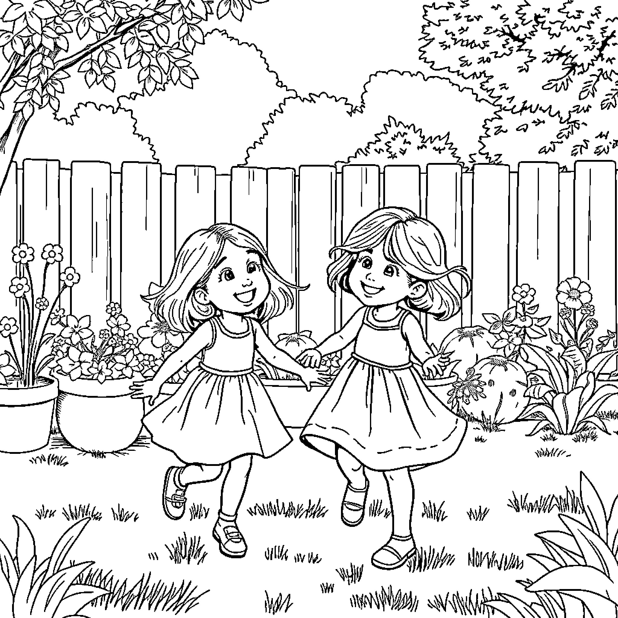 Sisters playing joyfully in the garden Coloring Page (free black-and-white line drawing printable PDF for all, from beginners to advanced learners, including children, teens, adults, and seniors)