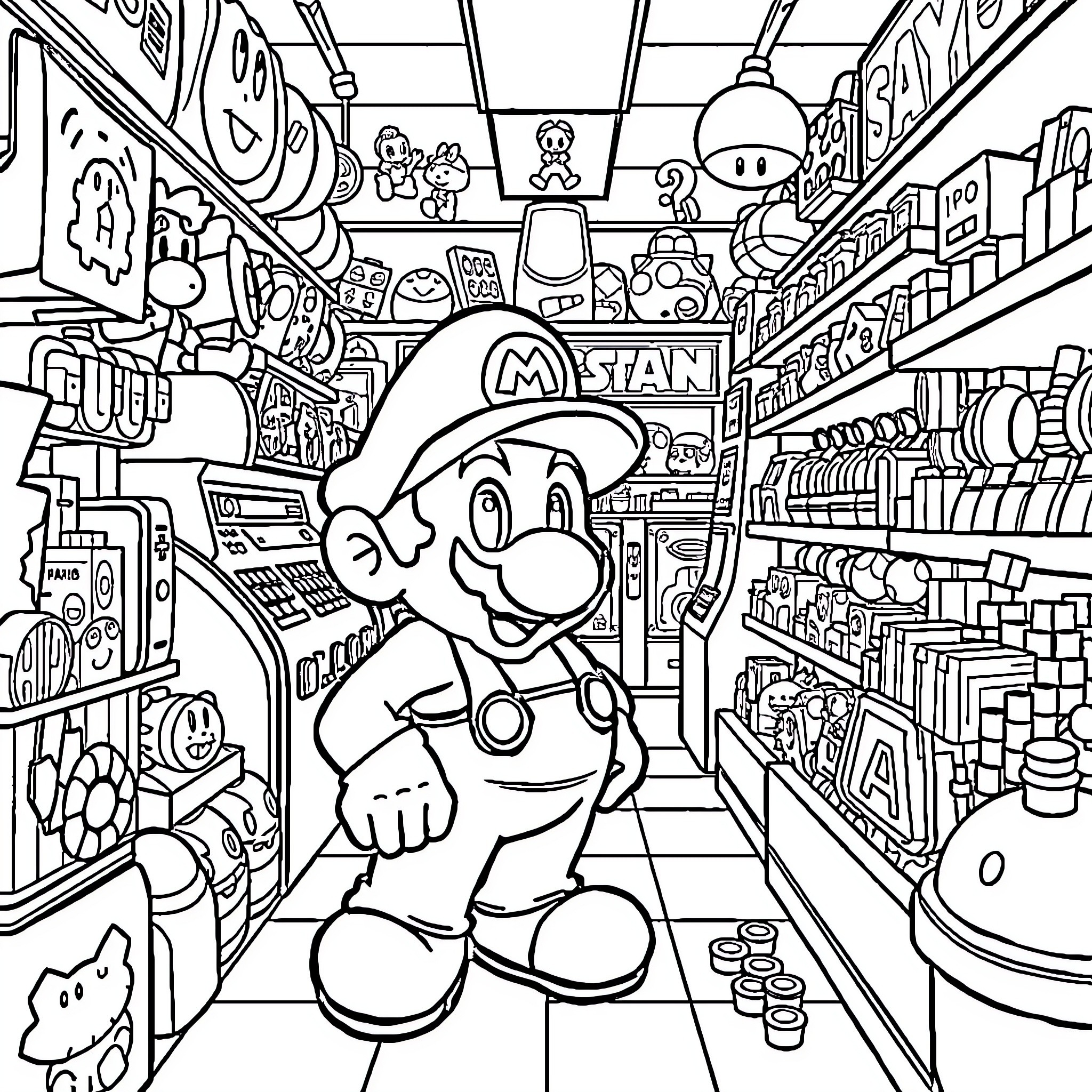 Mario exploring a colorful and whimsical game store Coloring Page (free black-and-white line drawing printable PDF for all, from beginners to advanced learners, including children, teens, adults, and seniors)