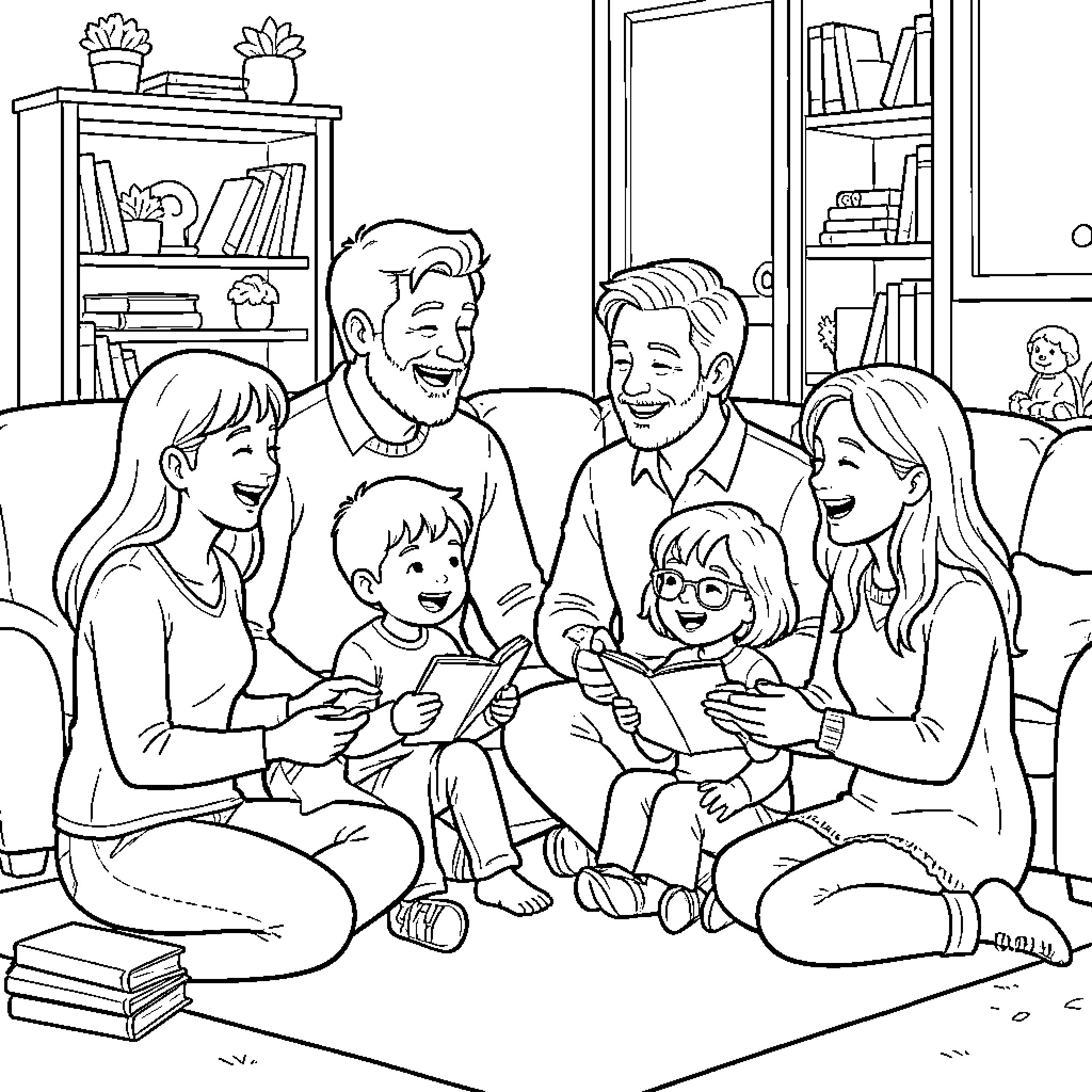 Family sitting together and reading books happily Coloring Page (free black-and-white line drawing printable PDF for all, from beginners to advanced learners, including children, teens, adults, and seniors)