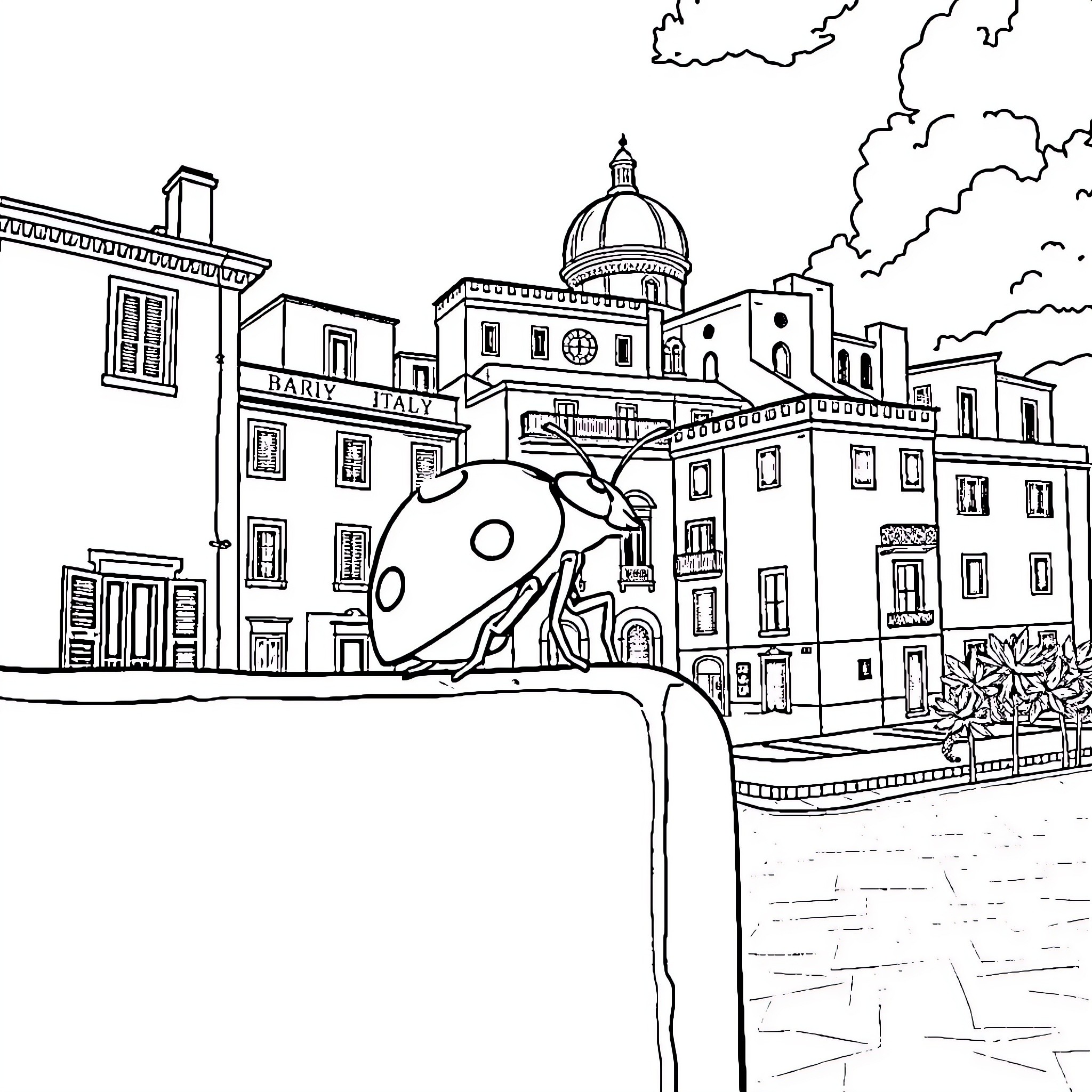 Ladybug exploring a picturesque European cityscape Coloring Page (free black-and-white line drawing printable PDF for all, from beginners to advanced learners, including children, teens, adults, and seniors)