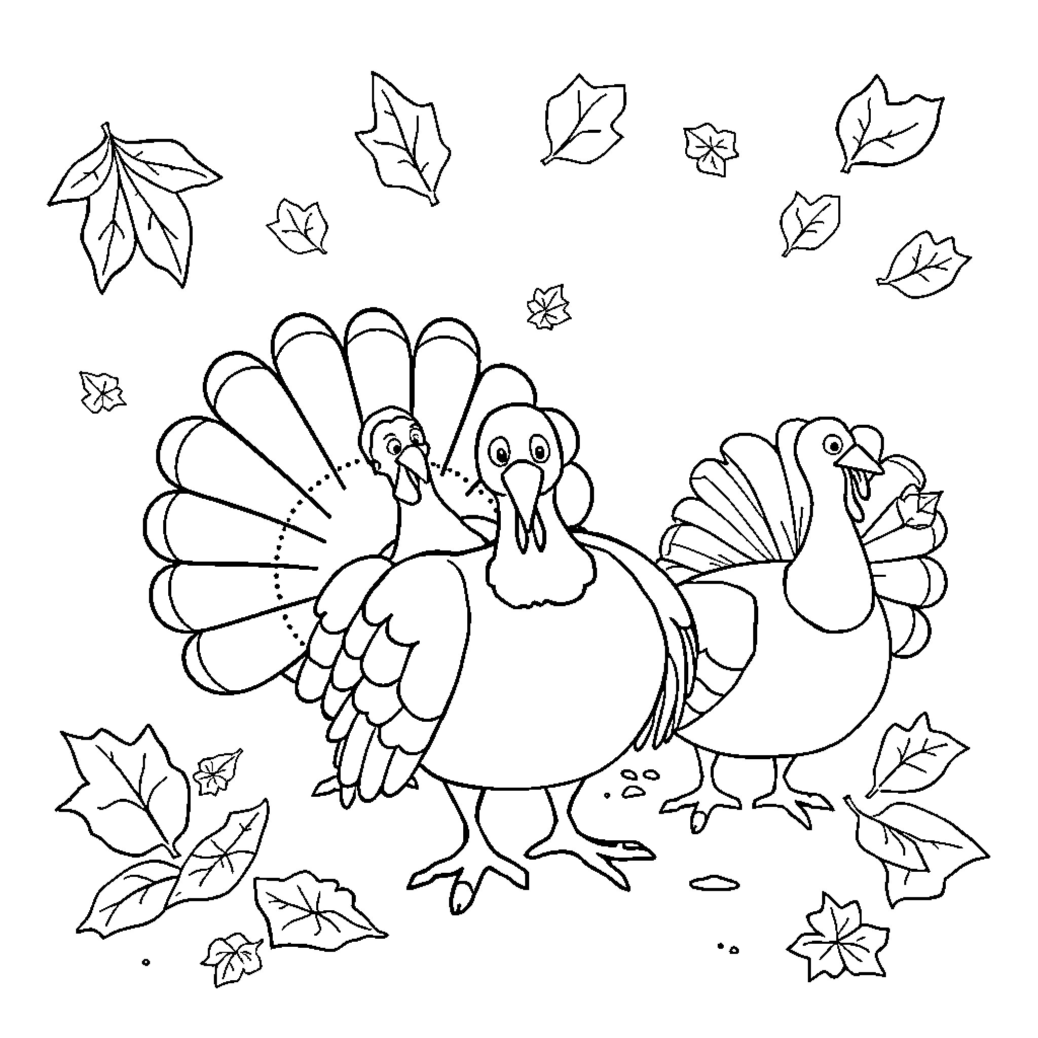 Turkey with leaves and flowers in autumn scene Coloring Page (free black-and-white line drawing printable PDF for all, from beginners to advanced learners, including children, teens, adults, and seniors)