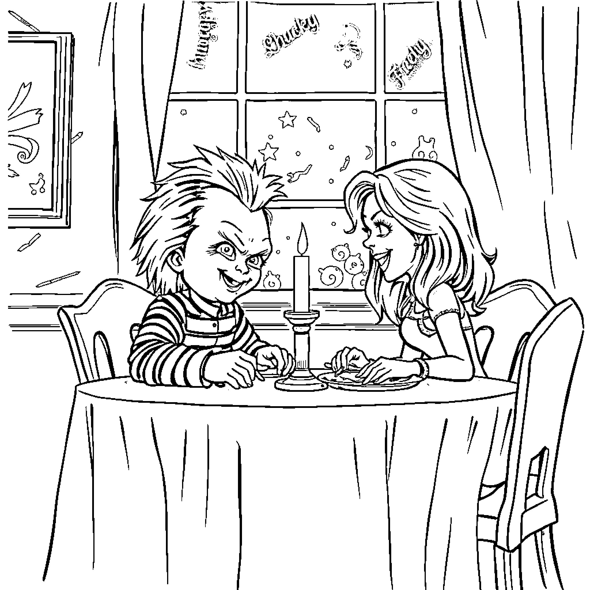 Chucky and woman having a candlelit dinner Coloring Page (free black-and-white line drawing printable PDF for all, from beginners to advanced learners, including children, teens, adults, and seniors)