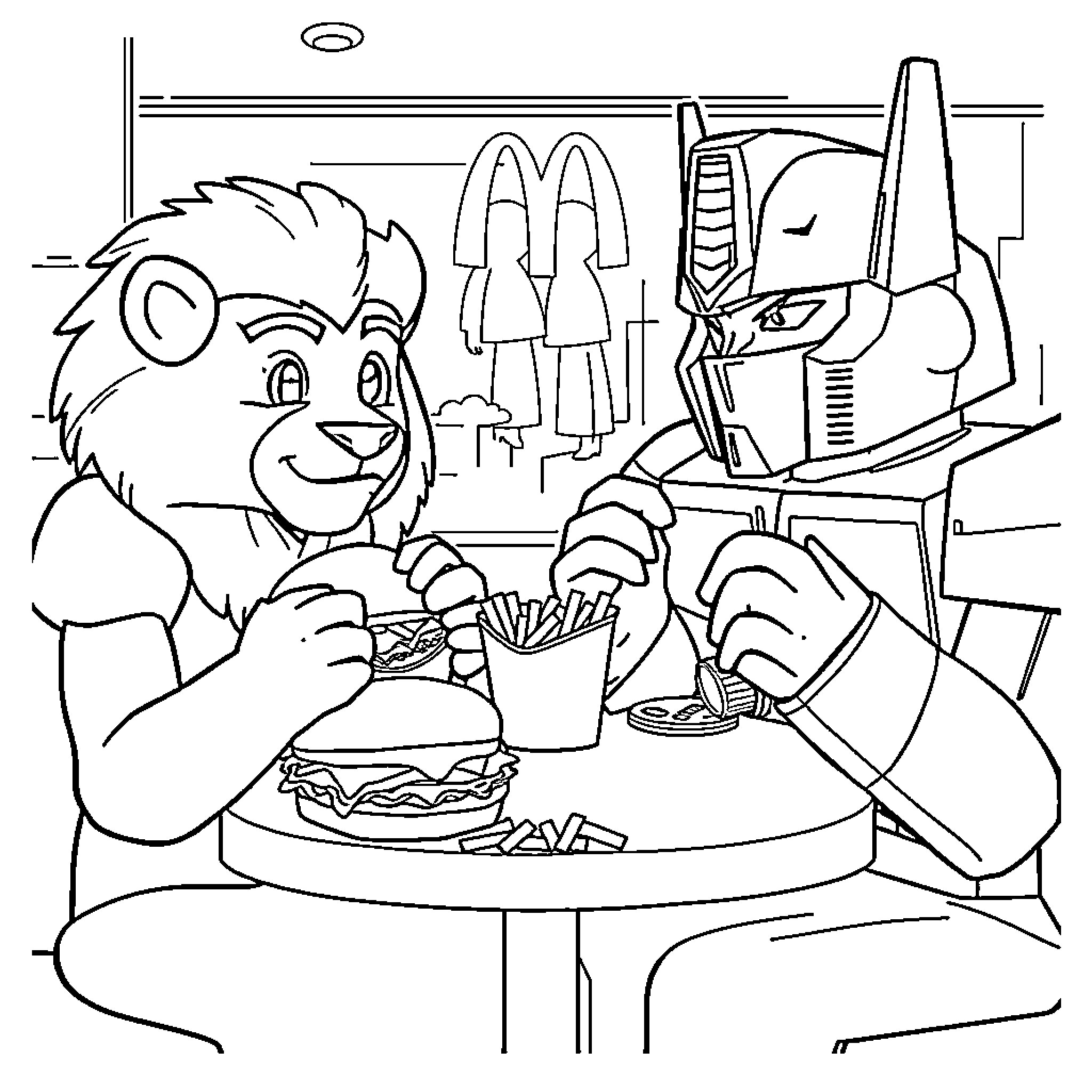 Mufasa enjoys a fast food meal with Optimus Prime Coloring Page (free black-and-white line drawing printable PDF for all, from beginners to advanced learners, including children, teens, adults, and seniors)