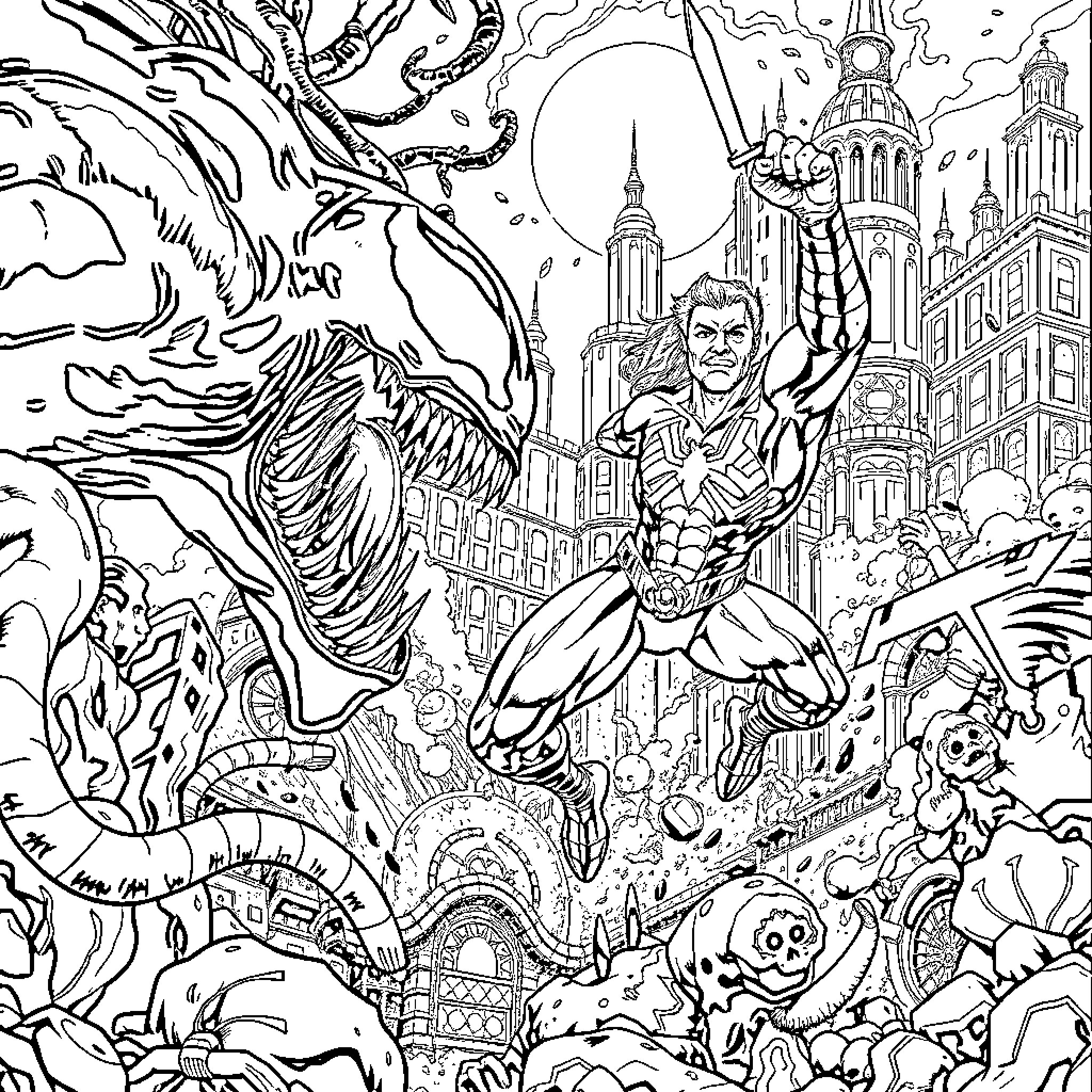 Aquaman battles sea creatures in a fantastical underwater city Coloring Page (free black-and-white line drawing printable PDF for all, from beginners to advanced learners, including children, teens, adults, and seniors)