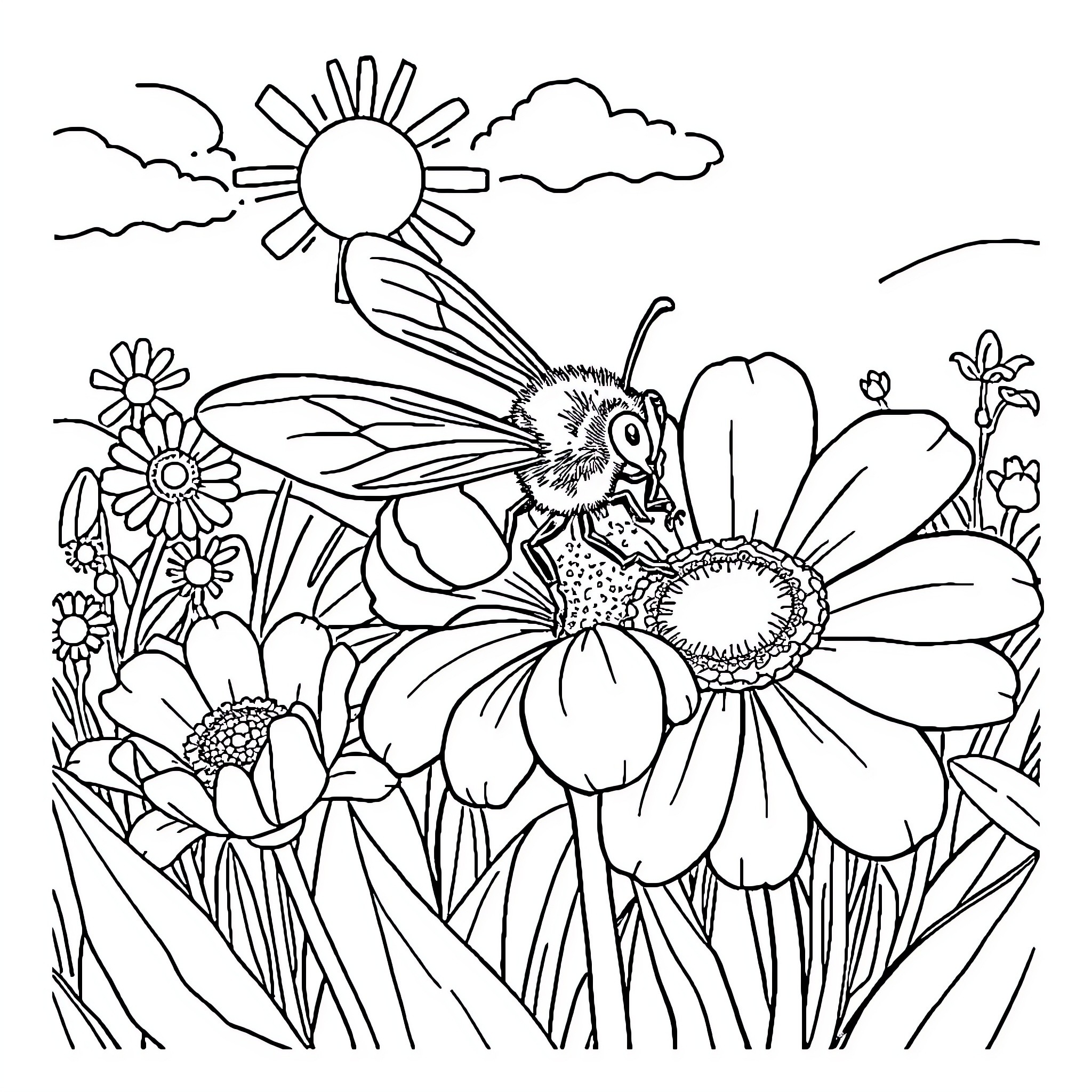 Bee among vibrant flowers in the sun Coloring Page (free black-and-white line drawing printable PDF for all, from beginners to advanced learners, including children, teens, adults, and seniors)