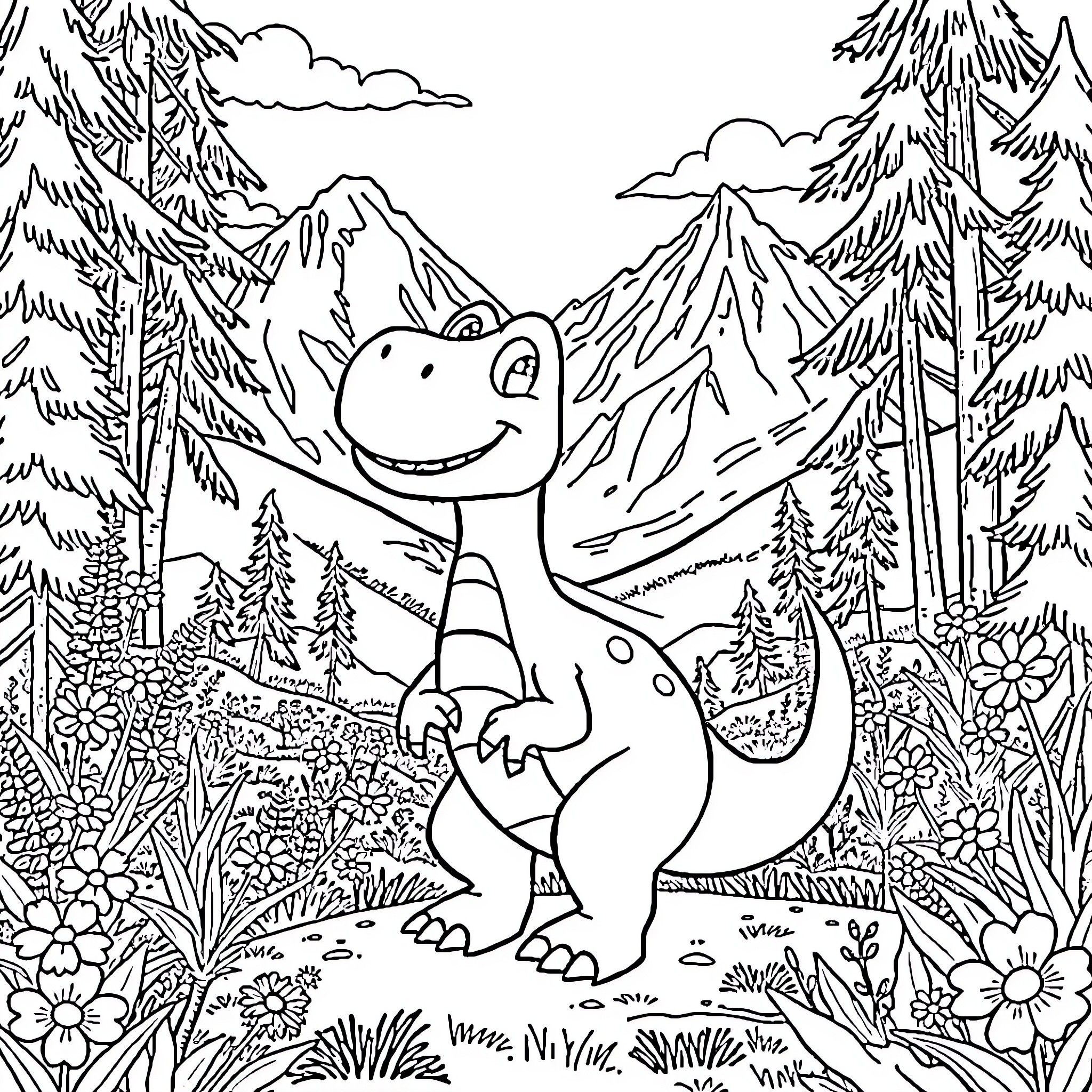 Dinosaur exploring vibrant prehistoric landscape Coloring Page (free black-and-white line drawing printable PDF for all, from beginners to advanced learners, including children, teens, adults, and seniors)