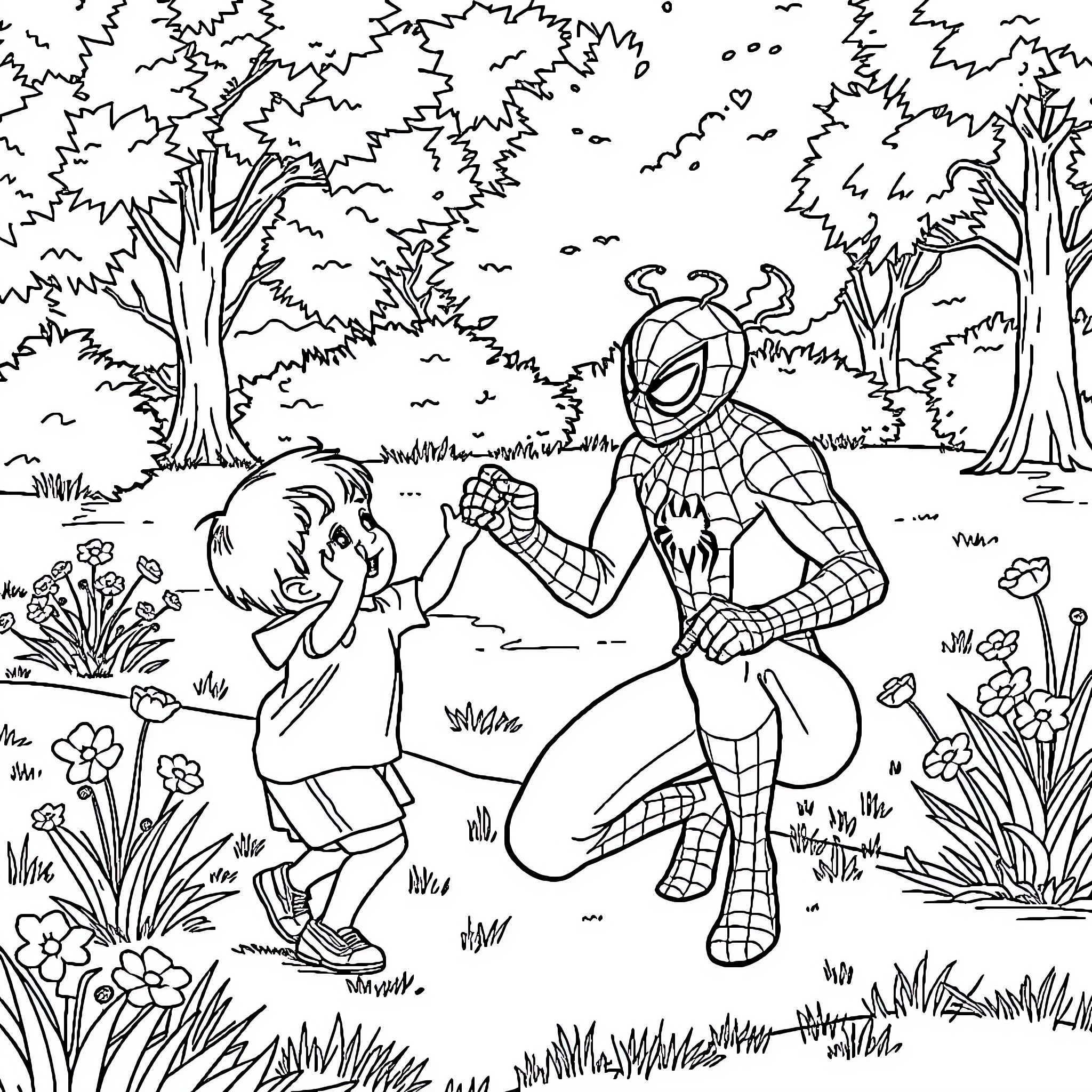 Spiderman playing with a child in the forest Coloring Page (free black-and-white line drawing printable PDF for all, from beginners to advanced learners, including children, teens, adults, and seniors)