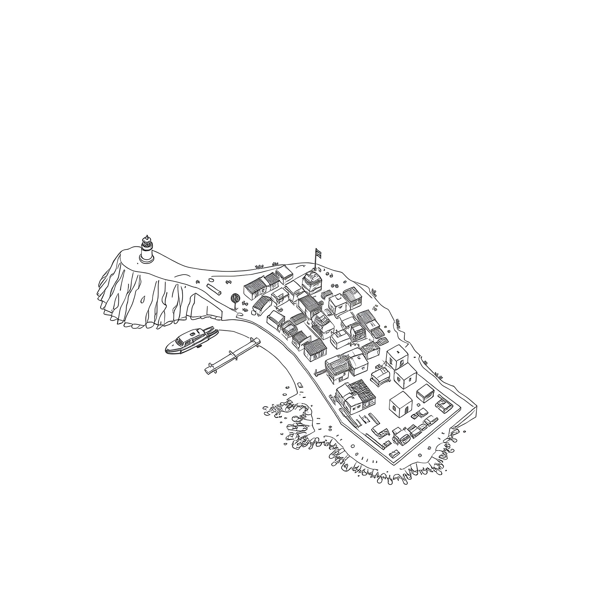 Pueblo with houses, buildings, and structures Coloring Page (free black-and-white line drawing printable PDF for all, from beginners to advanced learners, including children, teens, adults, and seniors)
