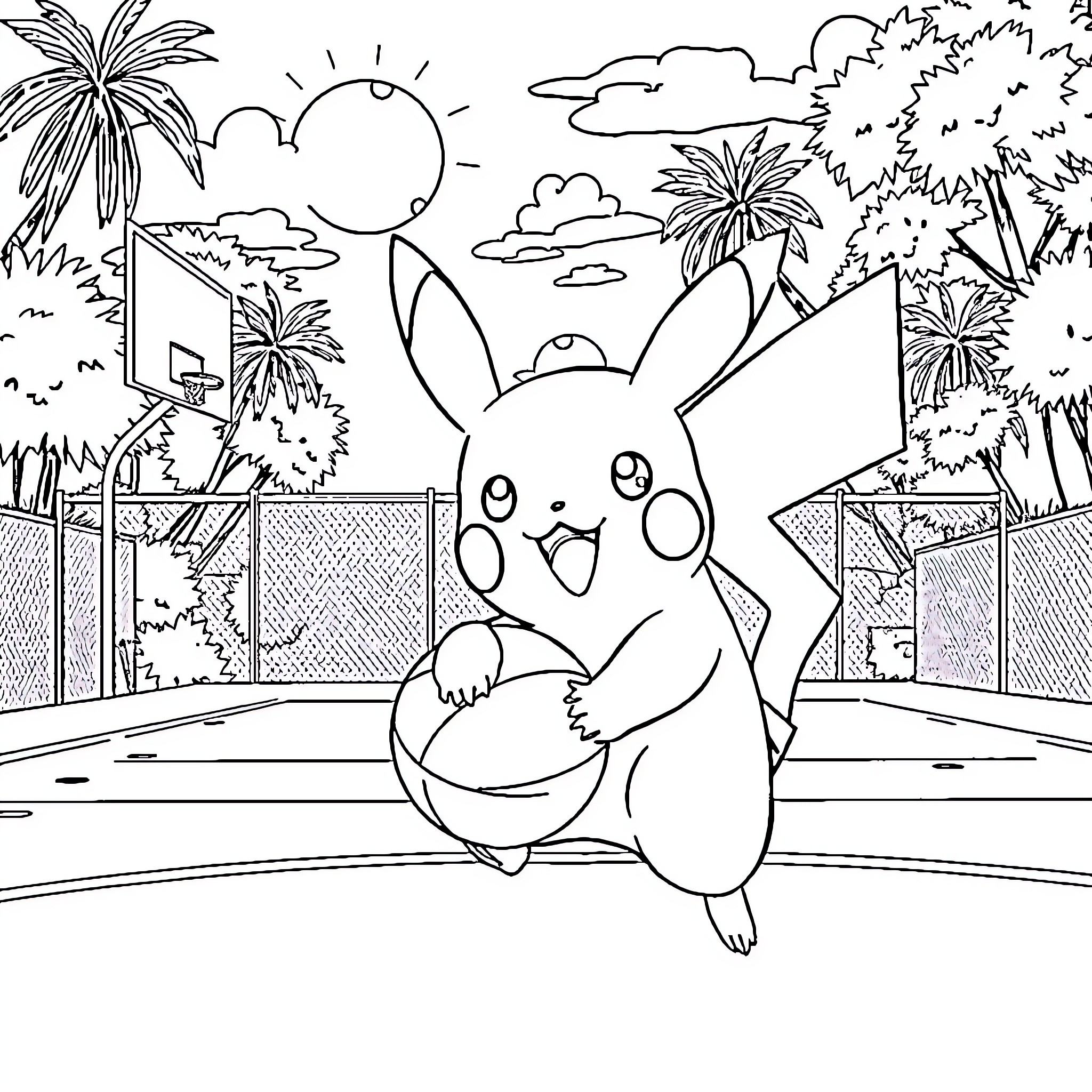 Pikachu playing with beach ball in tropical setting Coloring Page (free black-and-white line drawing printable PDF for all, from beginners to advanced learners, including children, teens, adults, and seniors)