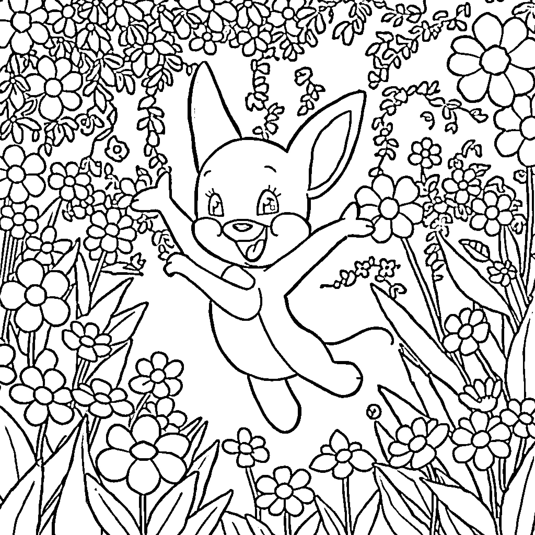 Bluey playing joyfully in a floral garden Coloring Page (free black-and-white line drawing printable PDF for all, from beginners to advanced learners, including children, teens, adults, and seniors)
