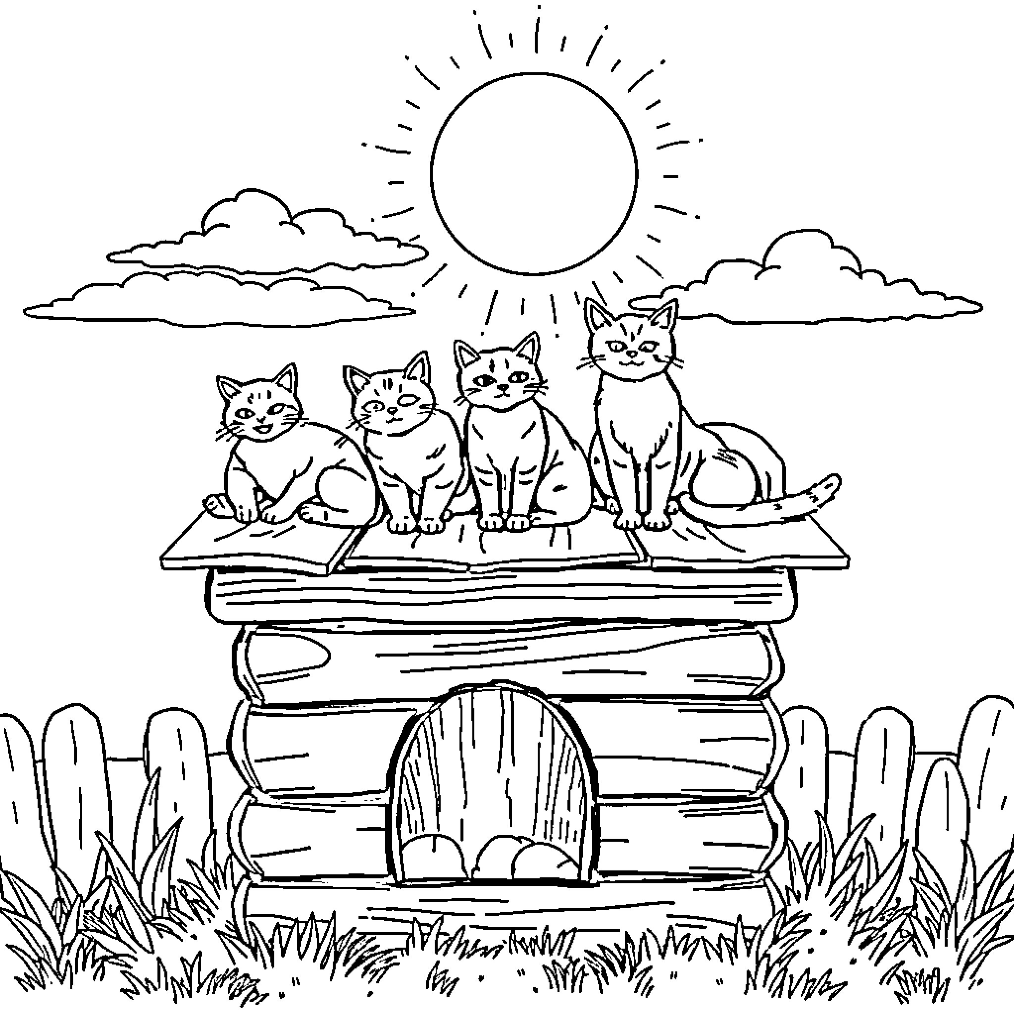 Cat friends lounging on a cozy porch in nature Coloring Page (free black-and-white line drawing printable PDF for all, from beginners to advanced learners, including children, teens, adults, and seniors)