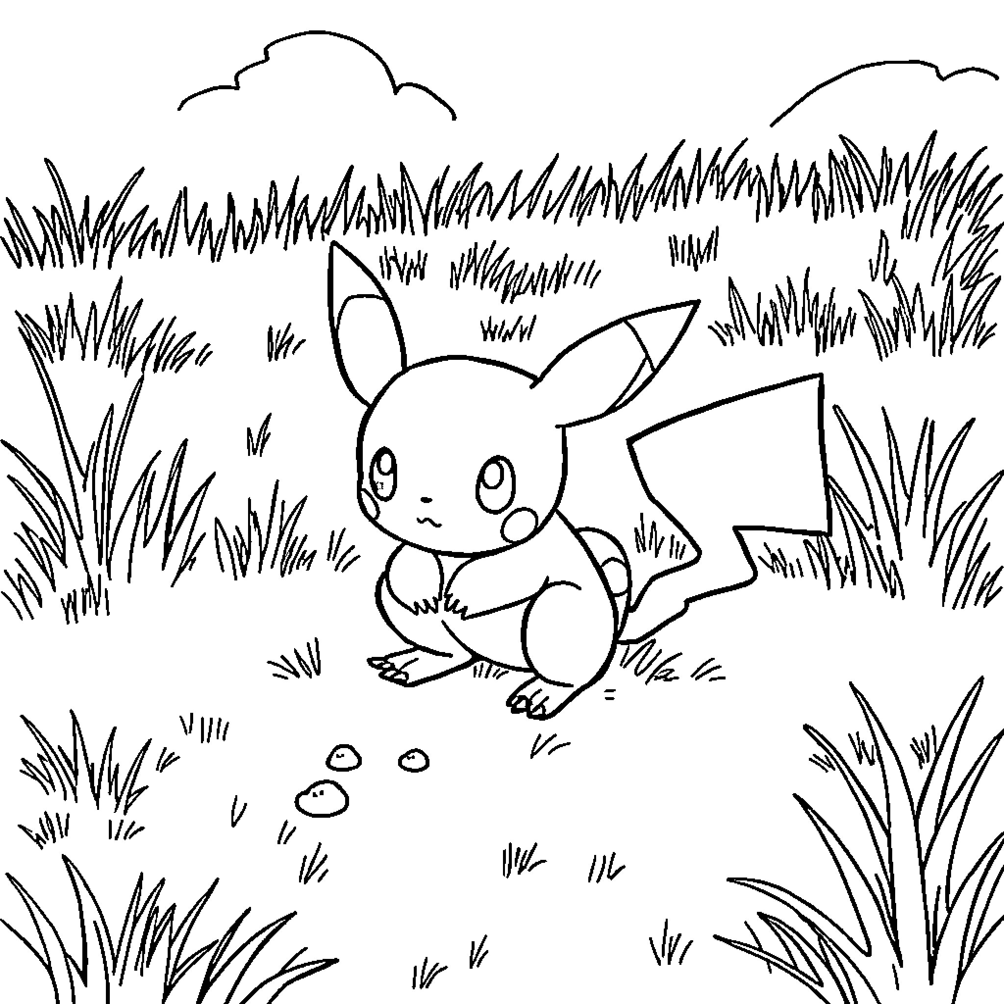 Pokémon character playing in the grass Coloring Page (free black-and-white line drawing printable PDF for all, from beginners to advanced learners, including children, teens, adults, and seniors)