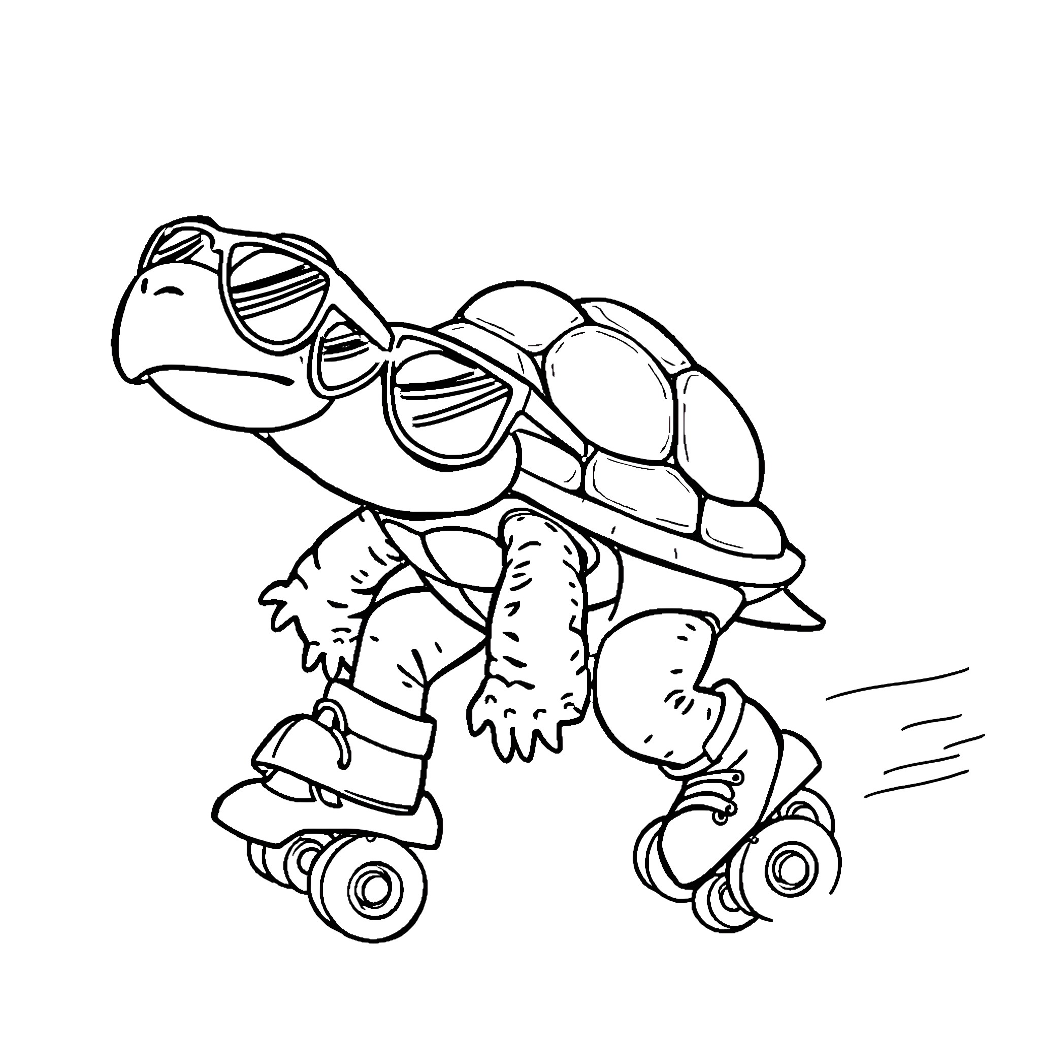 Turtle riding rollerblades with enthusiasm Coloring Page (free black-and-white line drawing printable PDF for all, from beginners to advanced learners, including children, teens, adults, and seniors)