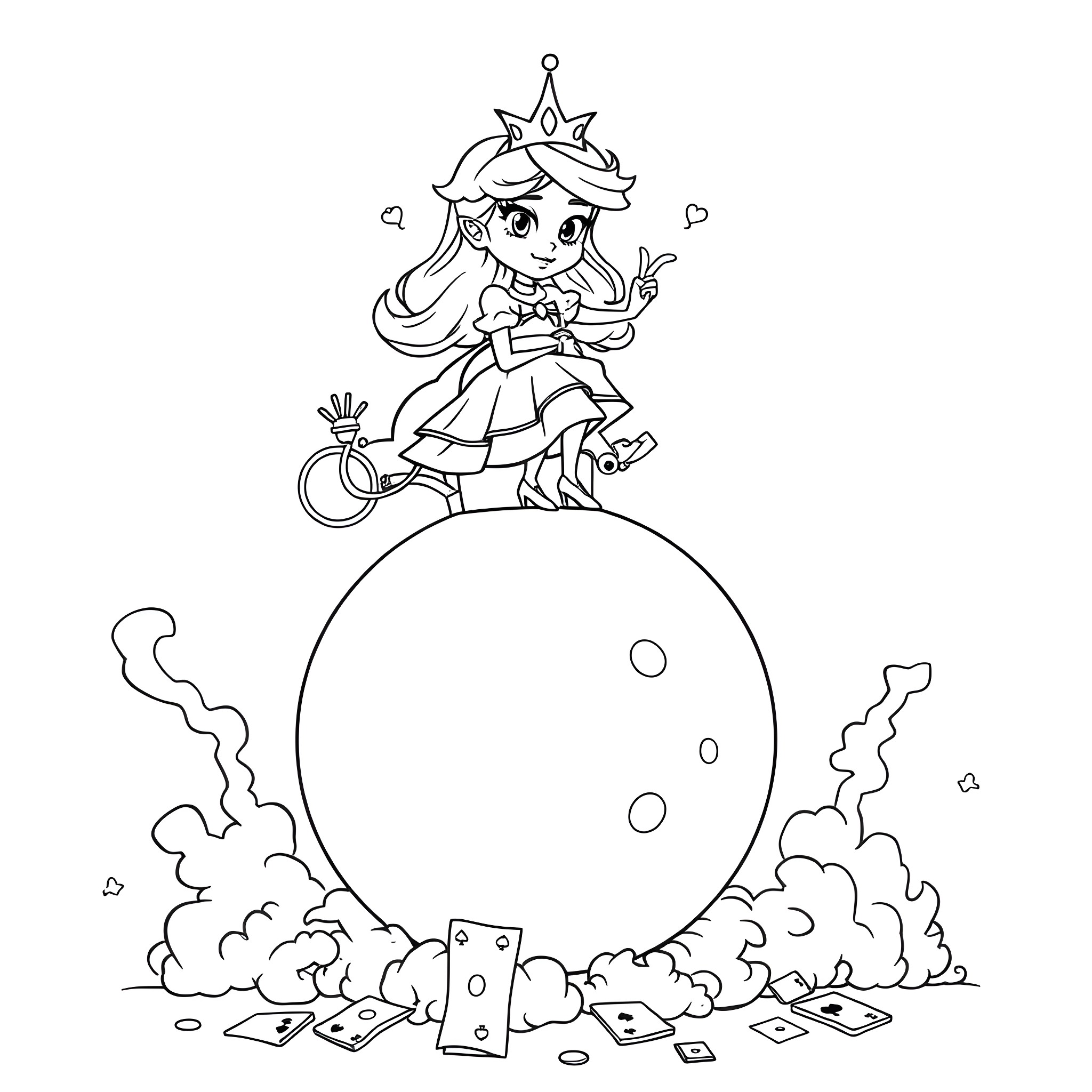 Princess on a magical journey with playing cards Coloring Page (free black-and-white line drawing printable PDF for all, from beginners to advanced learners, including children, teens, adults, and seniors)